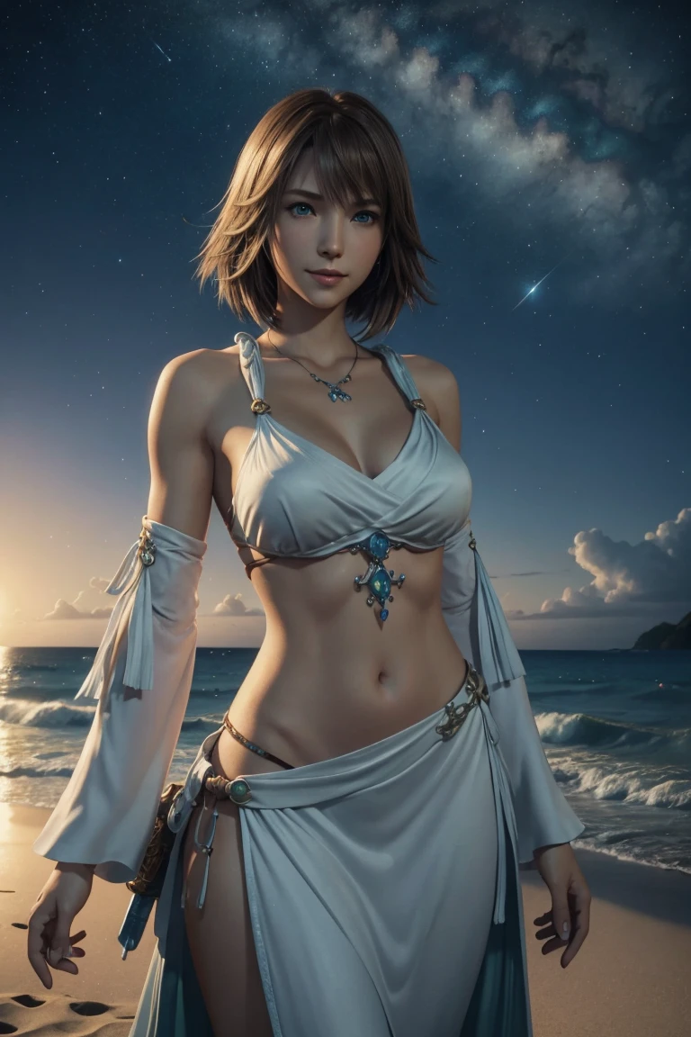 The best one,Yuna,Final Fantasy 10,FF10,Medium Hair,Brown hair,Let your bangs down,Beautiful green and blue odd eyes,,Beautiful and tall nose,Photorealistic,Ultra HD,high quality,masterpiece,Digital SLR,Detailed details,Intricate details,Anatomical basis,Depicted in detail,A detailed face,Realistic skin texture,Vivid details,Perfect Anatomy,Perfect Anatomy,Anatomically correct hand,Anatomically correct fingers,Super Detail,Complex 3D rendering,Huge ,Sexy pose,Final Fantasy 10の美しい世界,White long dress,Beautiful night sky,A beach with a beautiful starry sky,Fantastic beaches,Fantasy worldview,Picturesque,Pink Lips,smile,