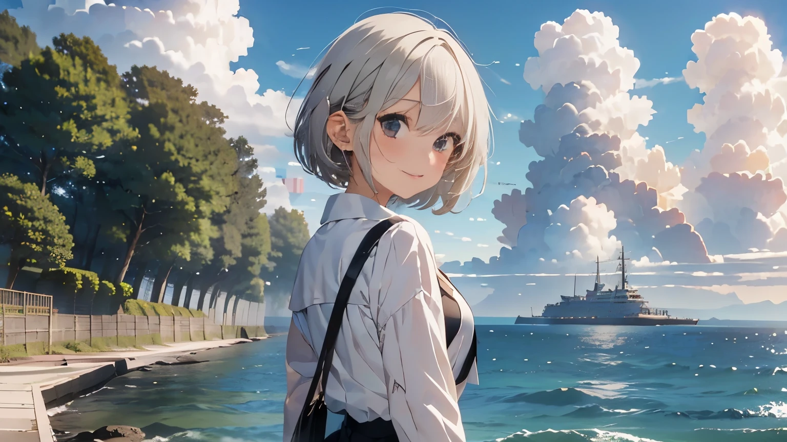 (Top quality, masterpiece),(One girl, standing on breakwater, full body, uniform, short hair, white hair, with her back to us), (Summer sky, cumulonimbus clouds, sea, breakwater),(Lo-fi art style)