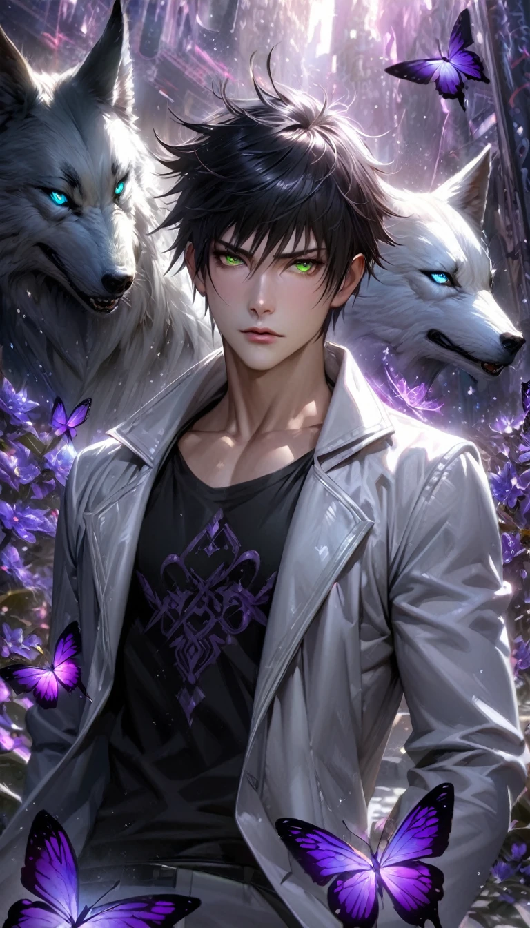 Extremely detailed, high resolution, absurd, HDR, masterpiece, Fushiguro Megumi, Black Hair, Expressive green eyes, Jiu Jitsu Kaiba, Black pattern long coat, Purple Ice flowers, petal, Very handsome, Sexy men, Solitary, Extremely detailed eyes and face, Purple Ice, Purple Ice sparkling butterflies, Black skinny T-shirt, Realistic face, sparkling, sparkling eyes, White Wolf,