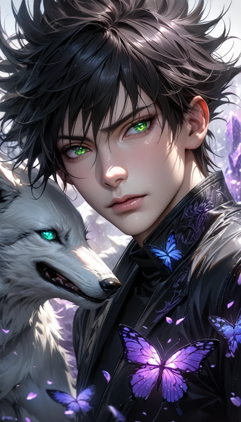 Extremely detailed, high resolution, absurd, HDR, masterpiece, Fushiguro Megumi, Black Hair, Expressive green eyes, Jiu Jitsu Kaiba, Black pattern long coat, Purple Ice flowers, petal, Very handsome, Sexy men, Solitary, Extremely detailed eyes and face, Purple Ice, Purple Ice sparkling butterflies, Black skinny T-shirt, Realistic face, sparkling, sparkling eyes, White Wolf,