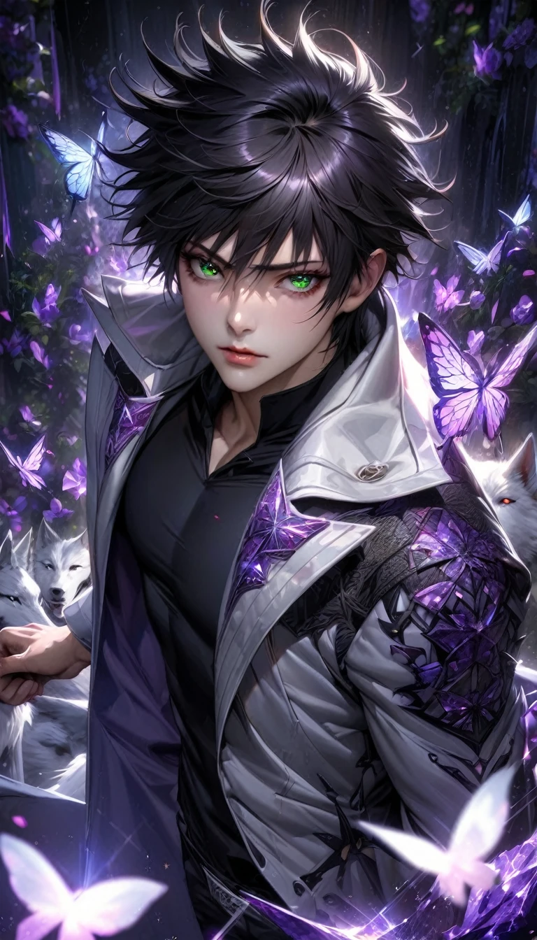 Extremely detailed, high resolution, absurd, HDR, masterpiece, Fushiguro Megumi, Black Hair, Expressive green eyes, Jiu Jitsu Kaiba, Black pattern long coat, Purple Ice flowers, petal, Very handsome, Sexy men, Solitary, Extremely detailed eyes and face, Purple Ice, Purple Ice sparkling butterflies, Black skinny T-shirt, Realistic face, sparkling, sparkling eyes, White Wolf,