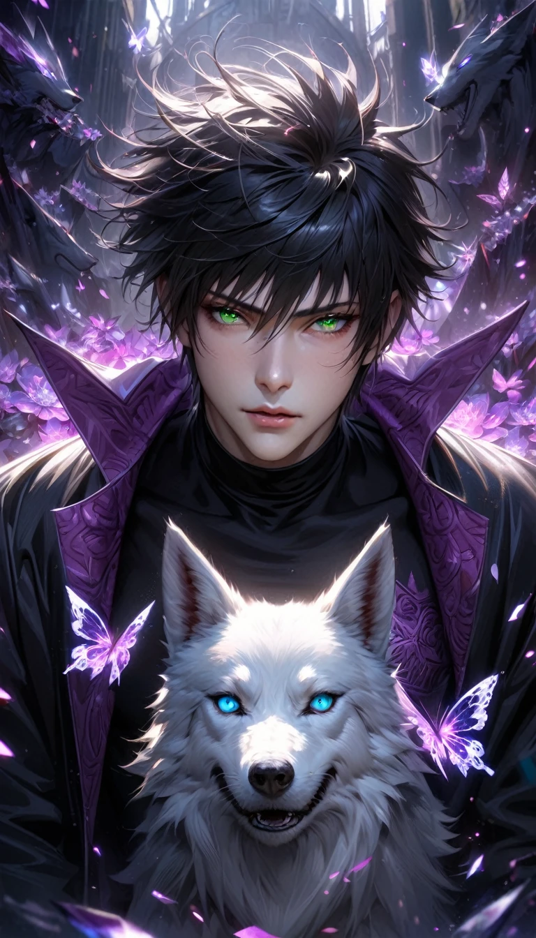 Extremely detailed, high resolution, absurd, HDR, masterpiece, Fushiguro Megumi, Black Hair, Expressive green eyes, Jiu Jitsu Kaiba, Black pattern long coat, Purple Ice flowers, petal, Very handsome, Sexy men, Solitary, Extremely detailed eyes and face, Purple Ice, Purple Ice sparkling butterflies, Black skinny T-shirt, Realistic face, sparkling, sparkling eyes, White Wolf,