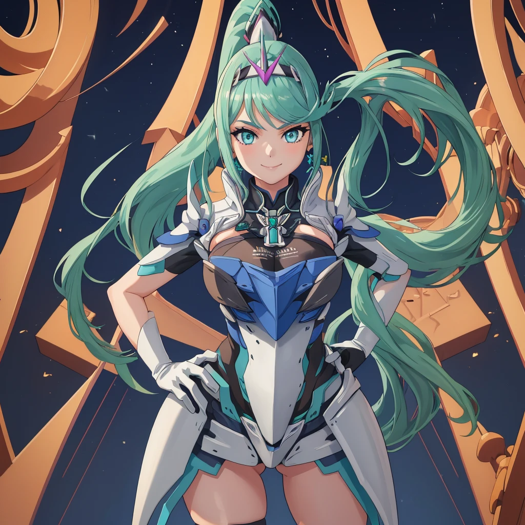 masterpiece, Highest quality, One girl, alone, Pneumadef, ponytail, tiara, Earrings, Chest jewels, armor, gloves, Hands on hips, View your viewers, smile