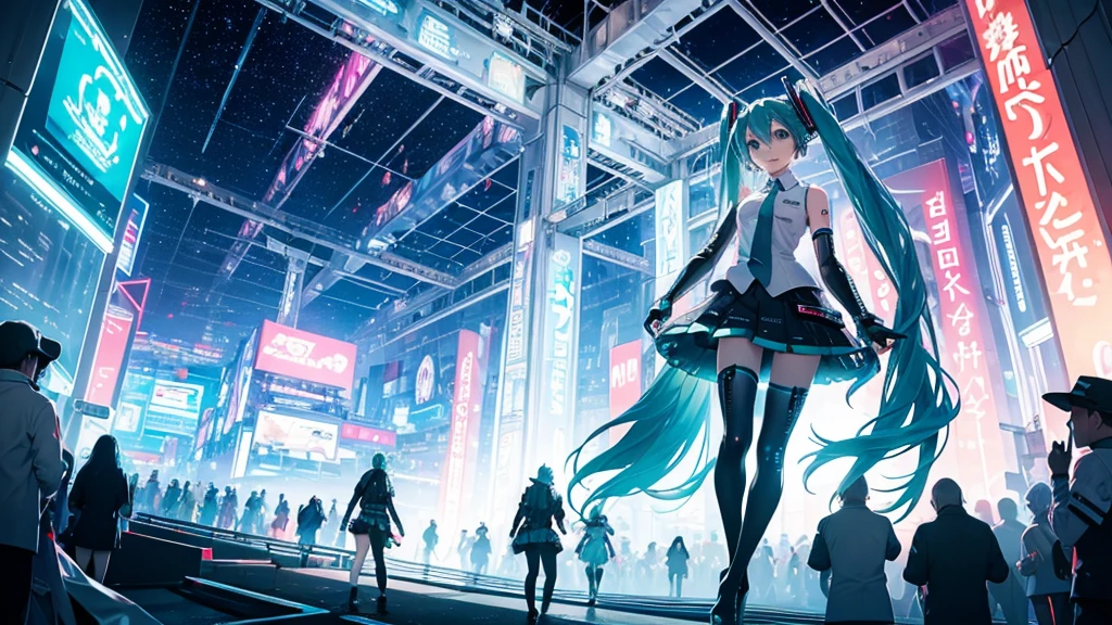 A spectacular parade in a futuristic metaverse theme park featuring Hatsune Miku and colorful neon lights