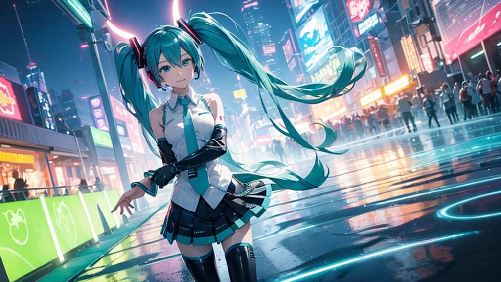 A spectacular parade in a futuristic metaverse theme park featuring Hatsune Miku and colorful neon lights