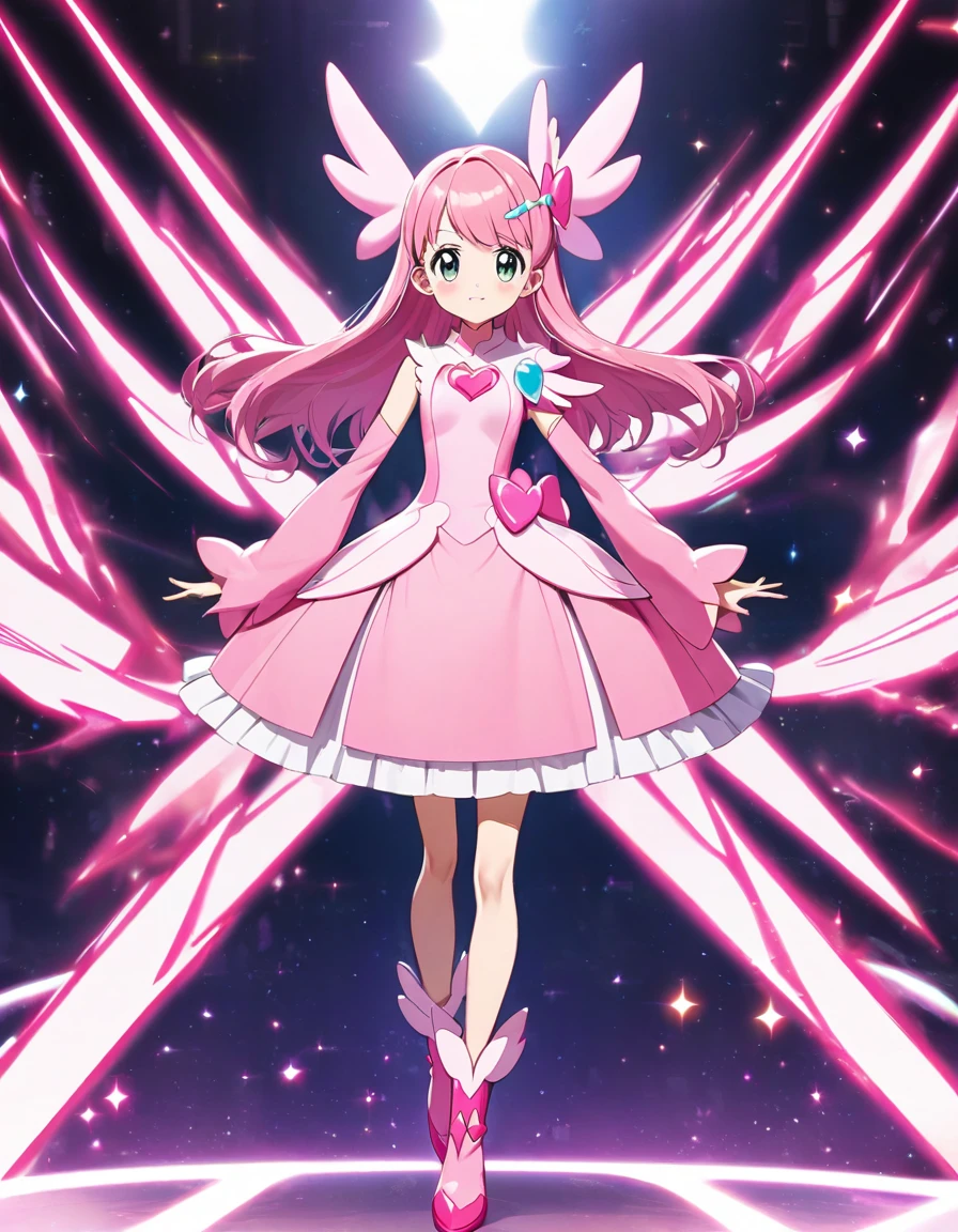 cure pink(tall, pure pink hair, wing hair accessory, feather motif shoulder opening, forearms sleeves, pink dress-skirt, pink boots)