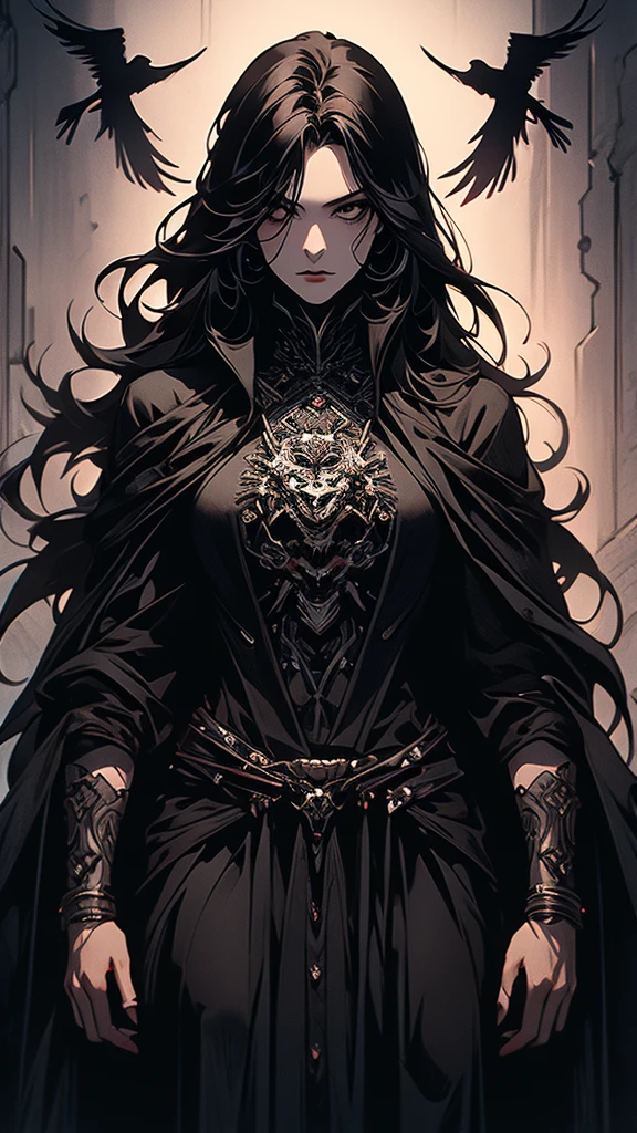 masterpiece,best quality,ultra-detailed,2girl,solo,crow,upper body,dark style,black hair,black clothes,standing,horror theme, nude, sitting
