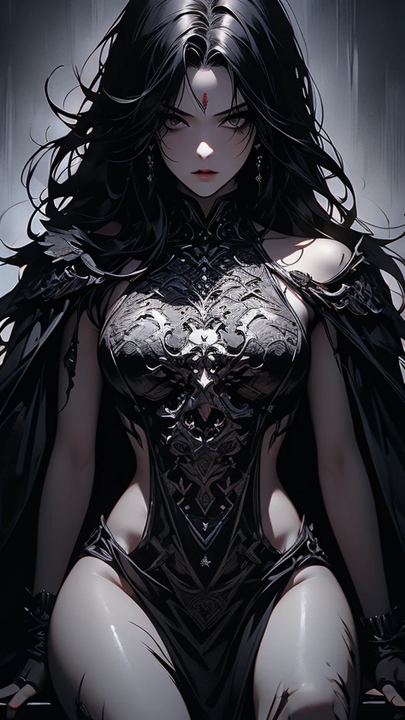 masterpiece,best quality,ultra-detailed,2girl,solo,crow,upper body,dark style,black hair,black clothes,standing,horror theme, nude, sitting