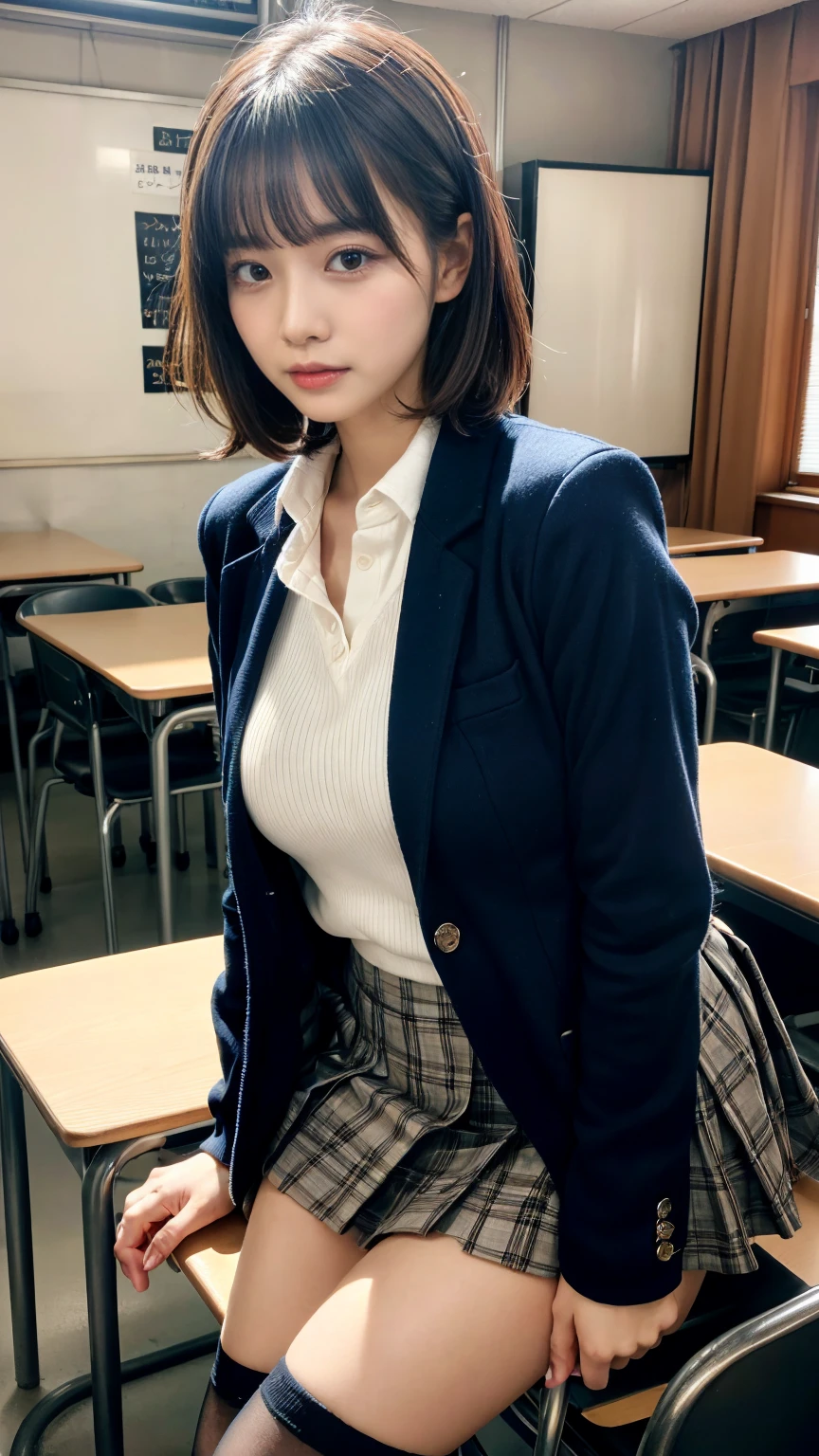 (8K, RAW Photos, Highest quality, masterpiece:1.2), (professional photography, full colors, studio-caliber color grading), (Gravure quality for high-end fashion magazines), (Details High quality, realistic depiction of eyes:1.3), from side, High School Classroom、High school girl uniform、blazer 、Super Short Check Uniform Skirt、Navy blue high socks、garterbelts、Colossal tits、Disturbed uniform, short hair, (wavy hair:1.2), short bob hair, black hair color, large breasts, Big Natural Color Lip, bold sexy pose, (perfect body shape), crying a little、cold gaze, Harajuku style、20 year old girl、cute type, beautiful legs, hposing Gravure Idol, Voluptuous thighs