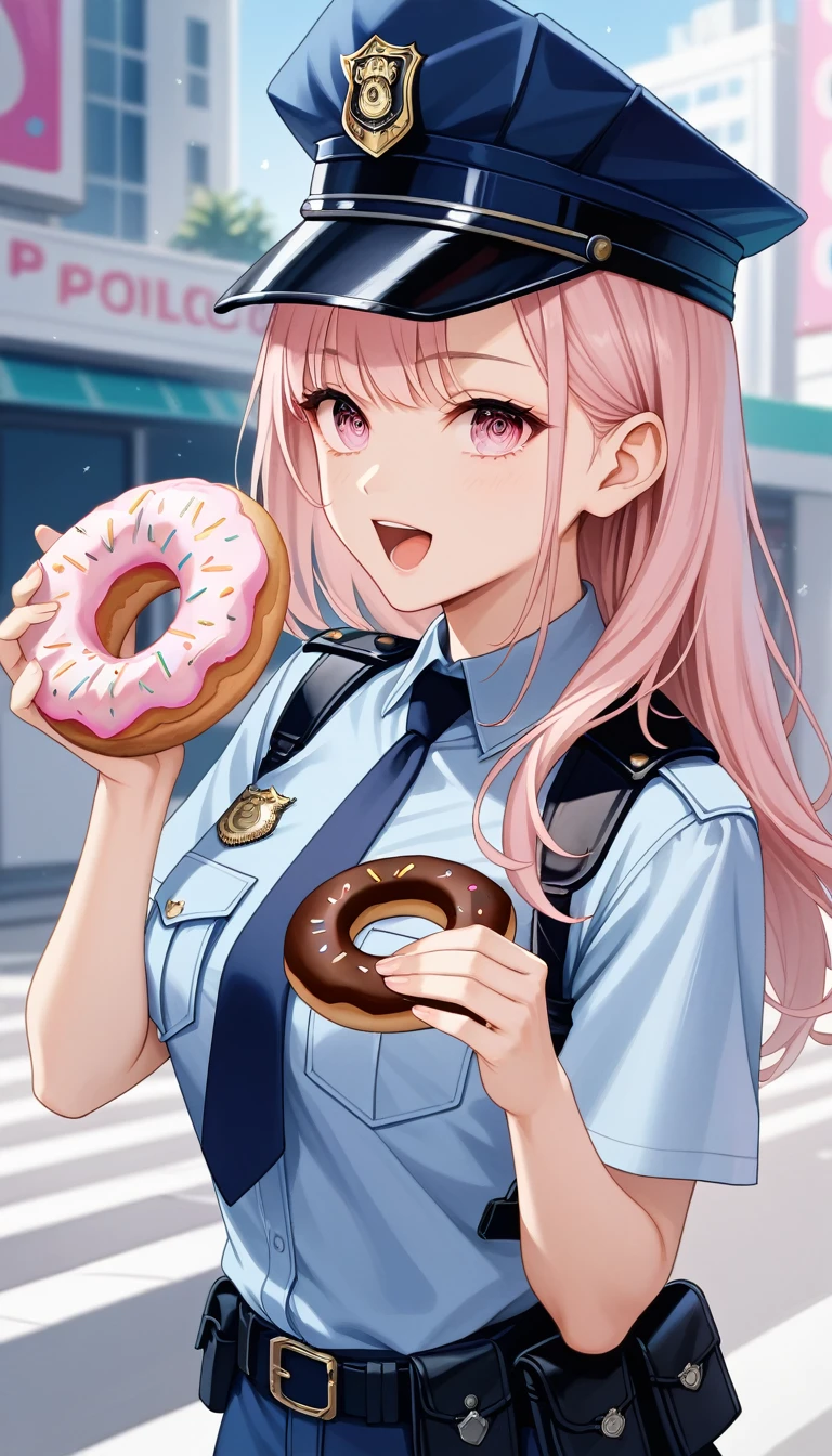 score_9, score_8_up, score_7_up, rating_safe, safe, 1girl, pink eyes, detailed eyes, intricate eyes, open mouth, donut, holding a donut, holding donut, police uniform, cop uniform, 