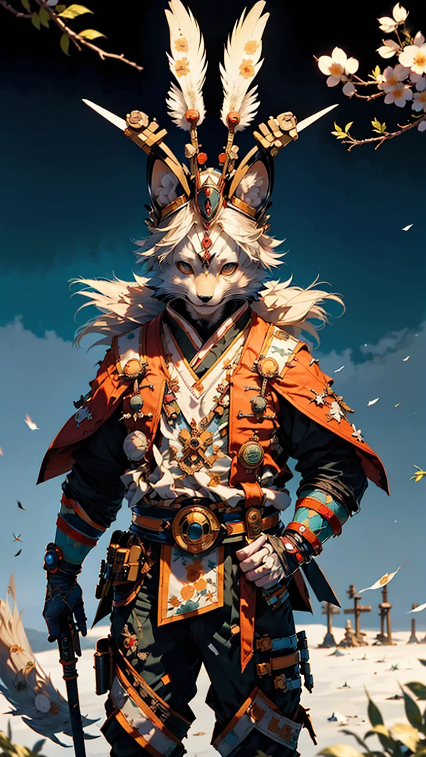 32k UHD resolution, arctic fox, warrior, 高度详细的warrior战斗盔甲和 sashimono 战旗, Blood splatter, Cherry blossoms fluttering in the wind, Post-apocalyptic feudal Japan setting