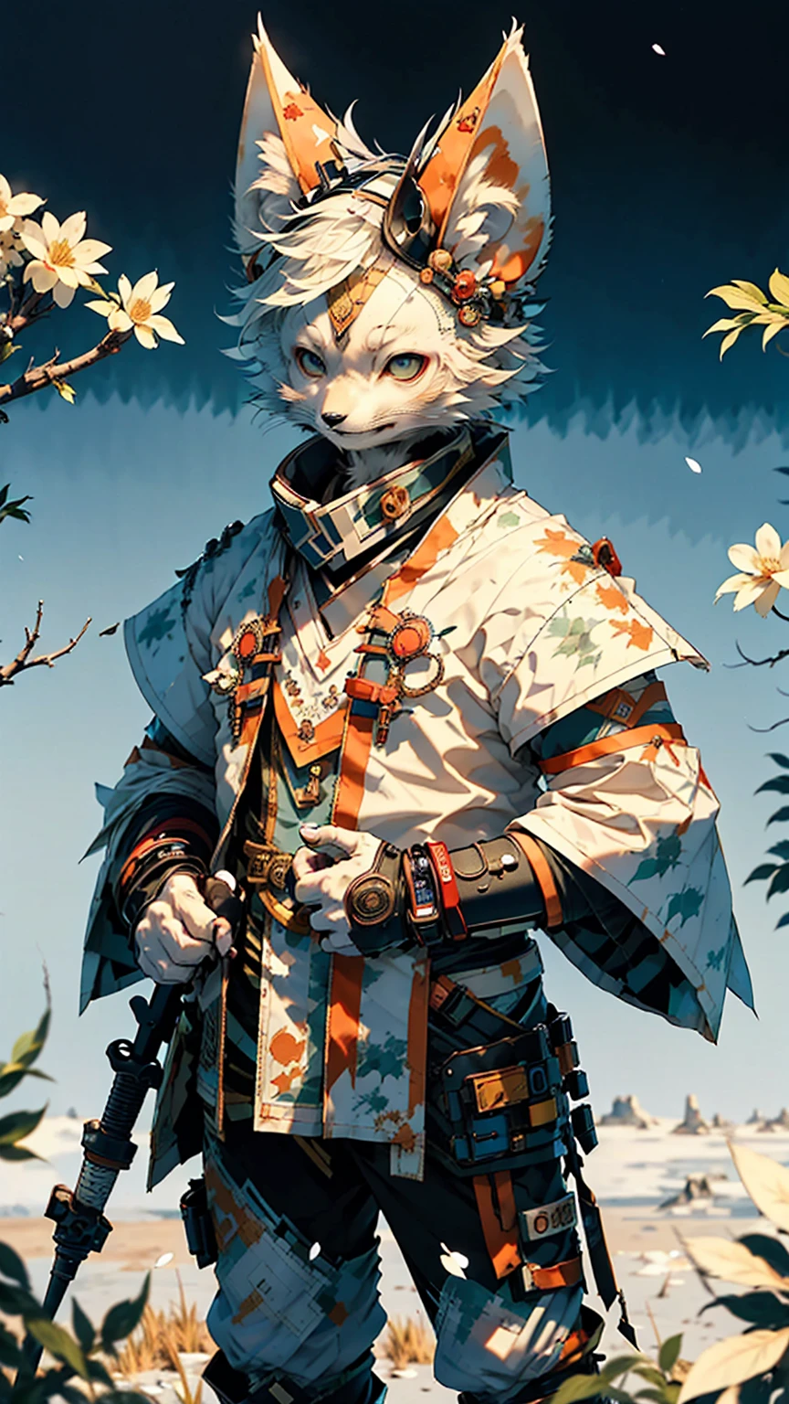 32k UHD resolution, arctic fox, warrior, 高度详细的warrior战斗盔甲和 sashimono 战旗, Blood splatter, Cherry blossoms fluttering in the wind, Post-apocalyptic feudal Japan setting 