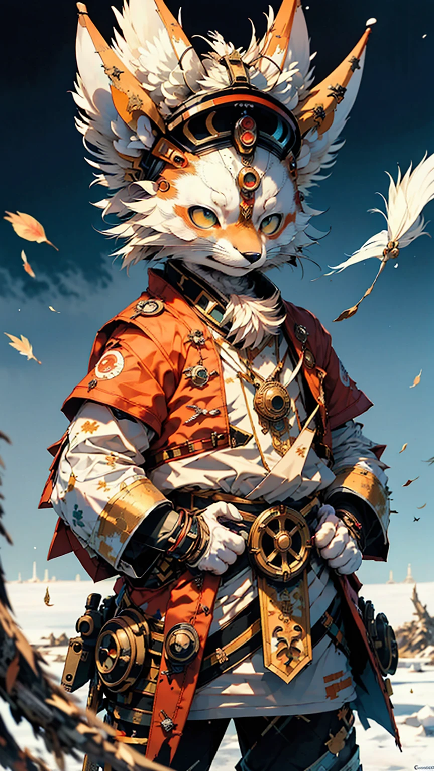 32k UHD resolution, arctic fox, warrior, 高度详细的warrior战斗盔甲和 sashimono 战旗, Blood splatter, Cherry blossoms fluttering in the wind, Post-apocalyptic feudal Japan setting