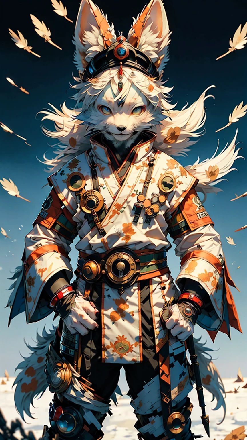 32k UHD resolution, arctic fox, warrior, 高度详细的warrior战斗盔甲和 sashimono 战旗, Blood splatter, Cherry blossoms fluttering in the wind, Post-apocalyptic feudal Japan setting