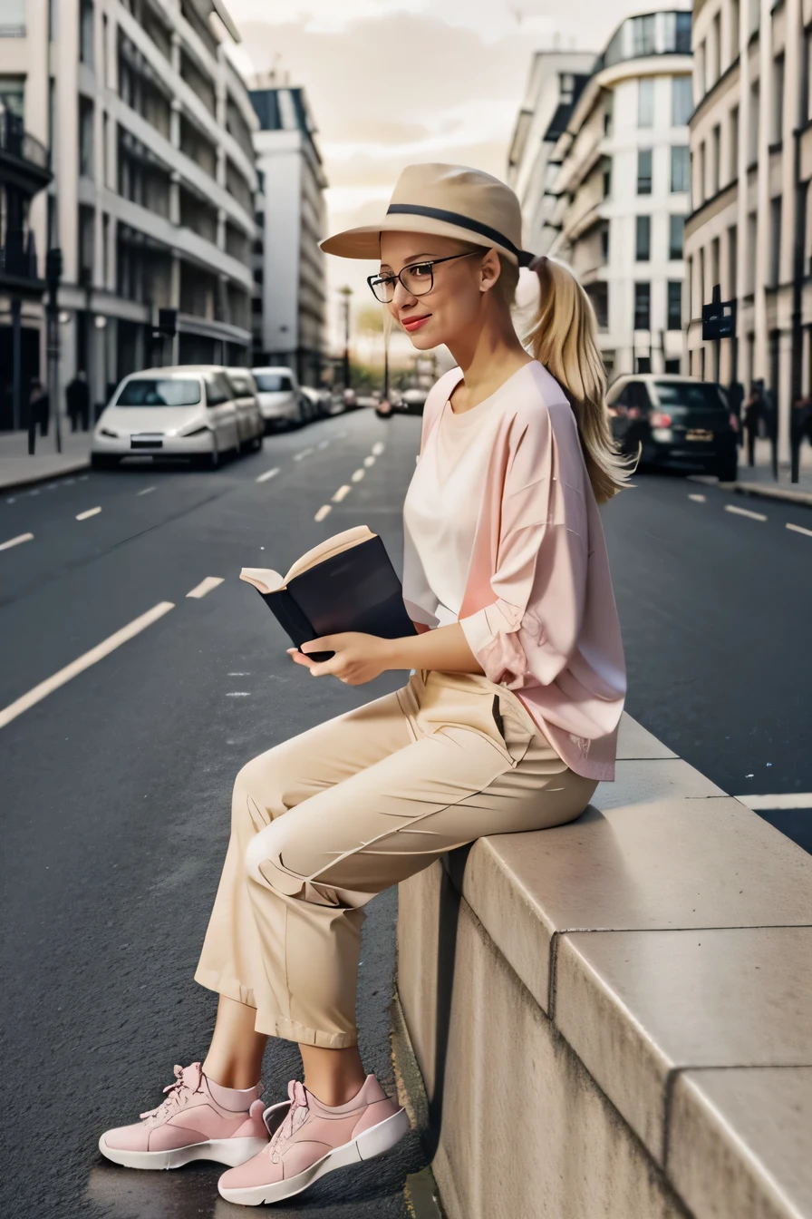 Reading a book、Have a big book、Pale pink oversized Y-shirt、I、Have a big book、Dynamic pose、Blonde、Look Away、Feeling like sitting、London cityscape、Theme from the side、Walking Pose、Big smile、Young European beauties、ponytail、Large black-rimmed glasses、Beige wide pants、White sneakers、White Hat、