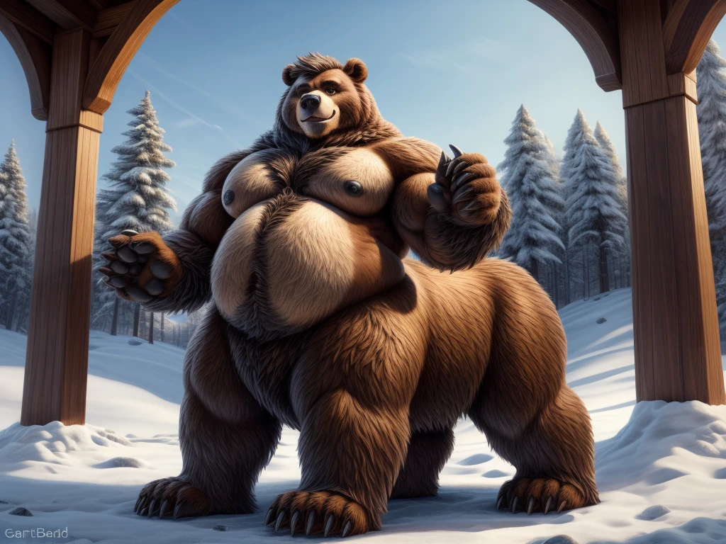 furry, fur taur, huge grizzly bear, beartaur, middle-age, solo,1man, detailed face, bear ears, bear eyes(green), bear nose(black), bear mouth, smile, garibaldi beard(grey), hair, mature hair(white), detailed arm, thick arm, forearm hair, muscular, thick hands(5 fingers), thick claws, detailed body belly, thick body, brown skin, muscle belly(white), thick chest, chest hair(grey), nipples, detailed taur body, thick taur body, waist hair, thick bear paws, bear paws hair, thick bear claws, detailed bear tail, thick bear tail, full body shot, winter, standing, shop
