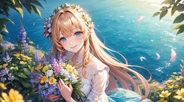 Leo cute beauty In a sea of flowers Smile happily