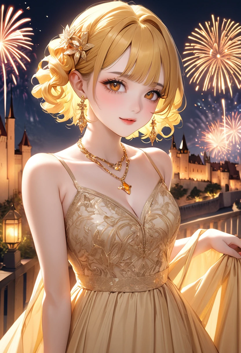 1 female Yellow short wavy hair Yellow eyebrows Orange eyes Socialite debut Long dress Inside the castle firework hair ornaments Earrings and matching necklace