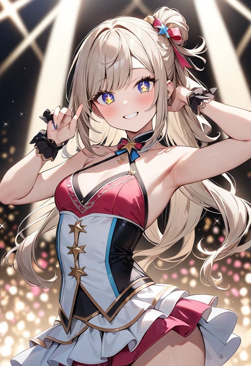 (masterpiece, top quality, very aesthetic, 4k、illustration), intricate detail, 1woman,、solo,contrapposto 、,(cowboy shot)、(star-shaped pupils),Cute 、pose、happy smile、Random Hairstyle、Random Hair Color、,middle hair,sidelock ,Random Color　eyes、idol clothes、small breasts、Slim 、