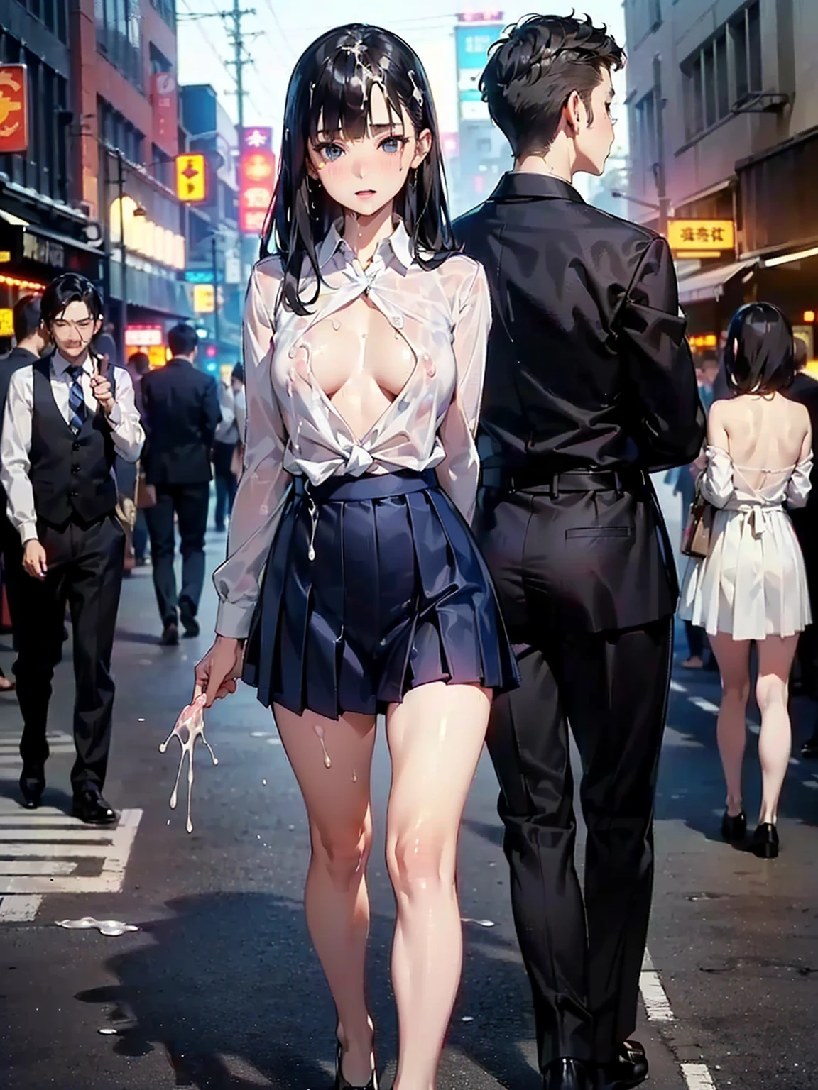 Browsing Caution,After the rape,((Perfect Anatomy:1.2,Realistic,:1.3,RAW Photos:1.3,masterpiece、Highest quality、Ultra - High resolution、High resolution、Extremely detailed CG、8k)),Cowboy Shot,1 female,alone,20-year-old,The Beauty of Japan,(Beautiful and exquisite face and eyes,Big and beautiful eyes),Dark blue eyes,(Black Hair,Long Hair,Blunt bangs),(Medium chest,Slender body,Small Head:1.4, skinny), Glowing Skin,Oily skin,walk、((Arms tied behind back:1.5)),((White collared shirt,Long sleeve,Navy pleated mini skirt、barefoot、Loafer shoes)),(Like in a vagina,Semen on clothes,Cum on body,Excessive ejaculation:1.5)、Busy Street、neon、At night、Tokyo、