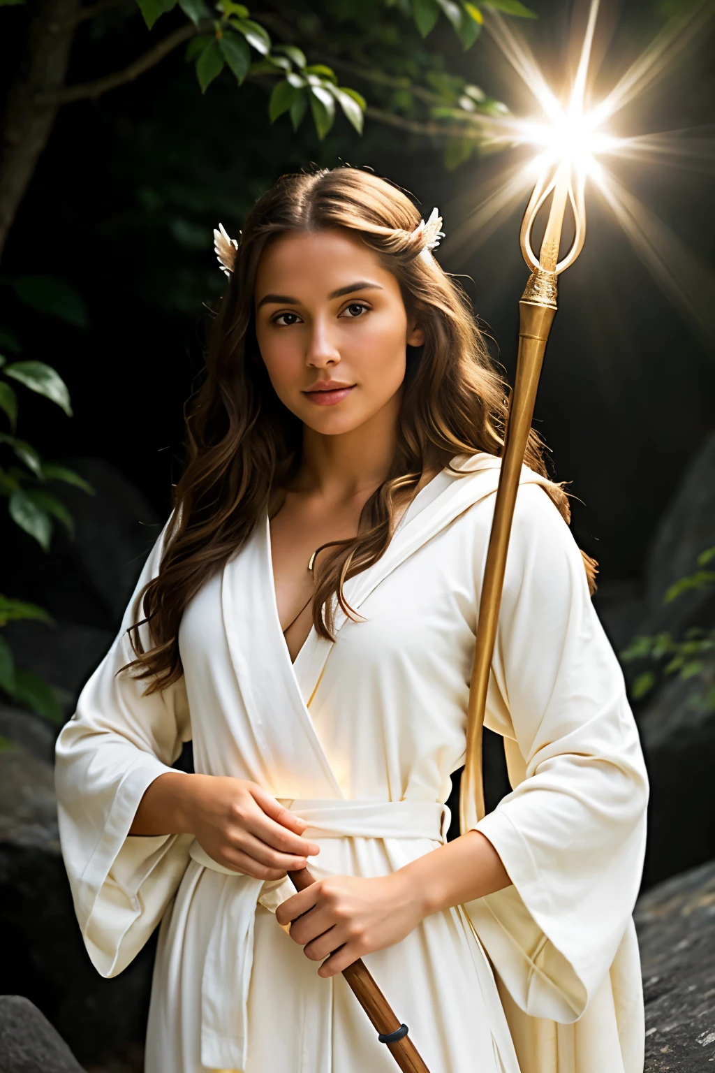 Half elf woman with light tan skin and brown hair, wears robes of pure white, glowing faintly with an inner light. She carries a staff topped with a crystal that amplifies her healing powers.
