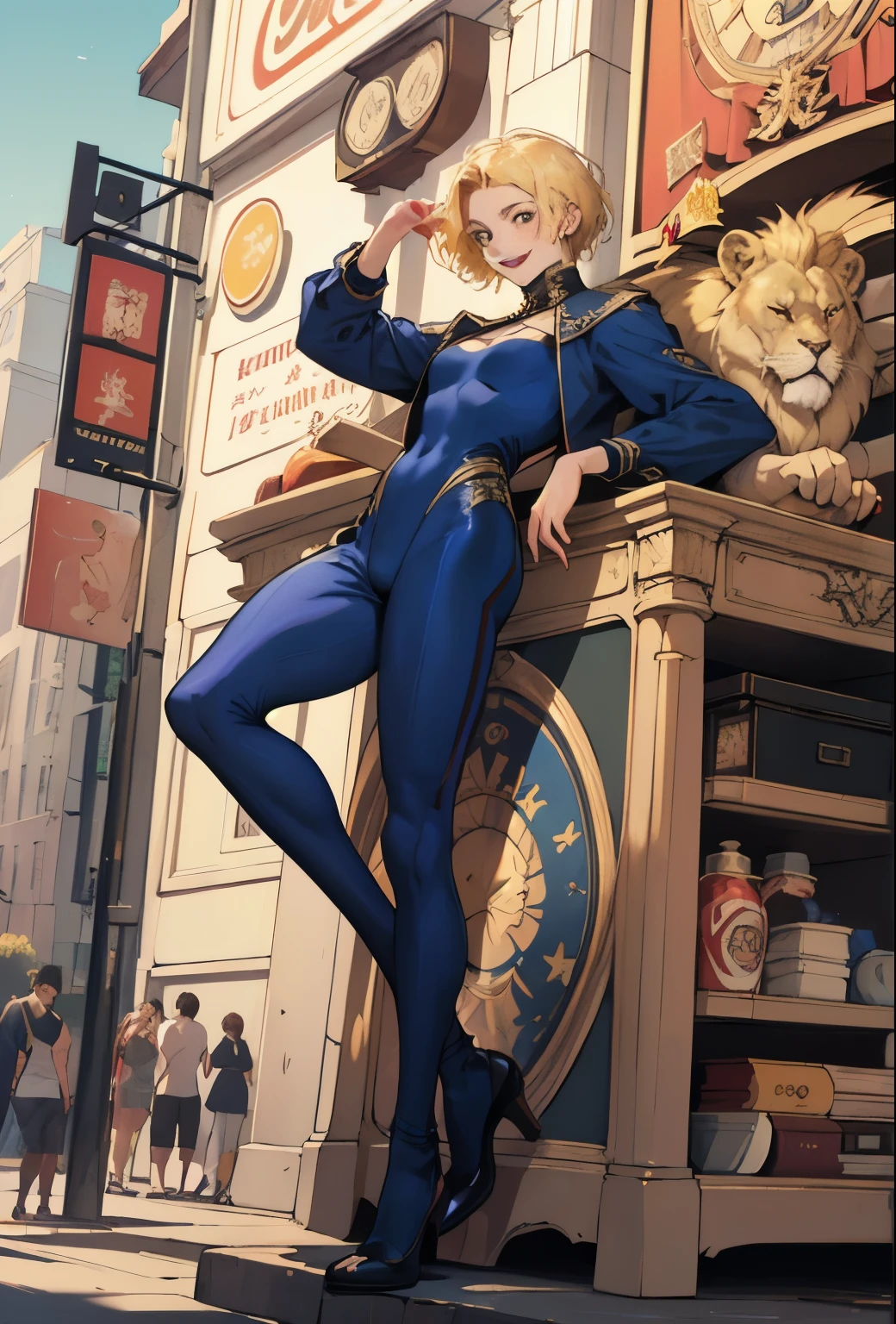 girl, whole body, short hair, Blonde, small, yellow, smile,Circus広場, Lion, Red and navy blue costume,High leg衣装,Circus,Beast Charmer,High leg,