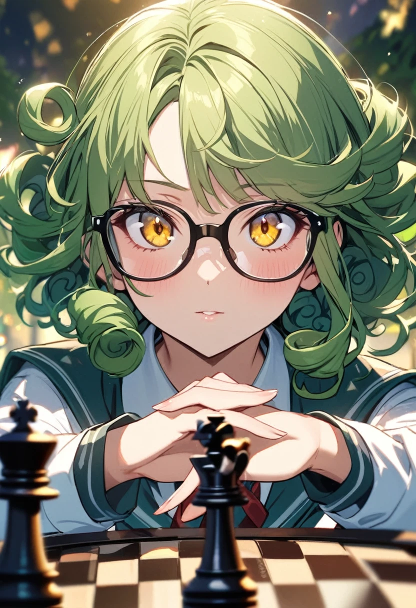 girl, yellow eyes, green hair, beautiful, high detail, beautiful background, playing chess, main face, front face, school girl, 30 year old, curly hair, glasses