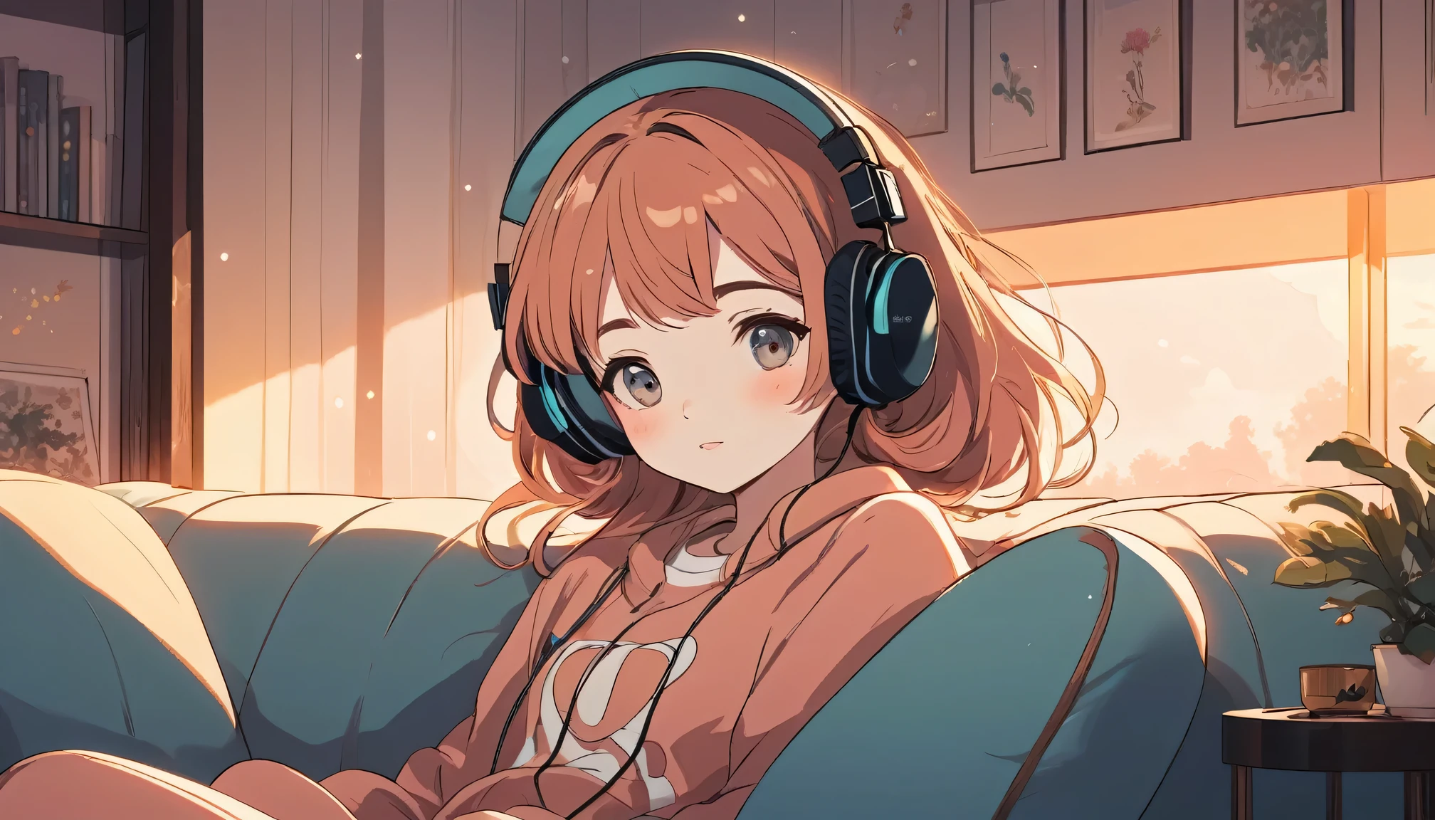 A girl wearing headphones is sitting comfortably on a sofa, Wide-angle lens, Lofi Anime, Lofi illustration, Aesthetic atmosphere, Lo-Fi Style, Vector art, Flat Design, Simple shape, Warm tones, Pleasant atmosphere, Chill, In anime style, Digital drawing, Vector art, Vector logo for t-shirt printing, (Adorable:1.5), (small:1.4), (Playful:1.2), (soft:1.3), (Whimsical:1.1), masterpiece, Highest quality, 8K, Intricate details, grow, Celestial, Mysterious, Picturesque, amazing, Majestic, Magic, Fantasy art, Cover art, dream-like