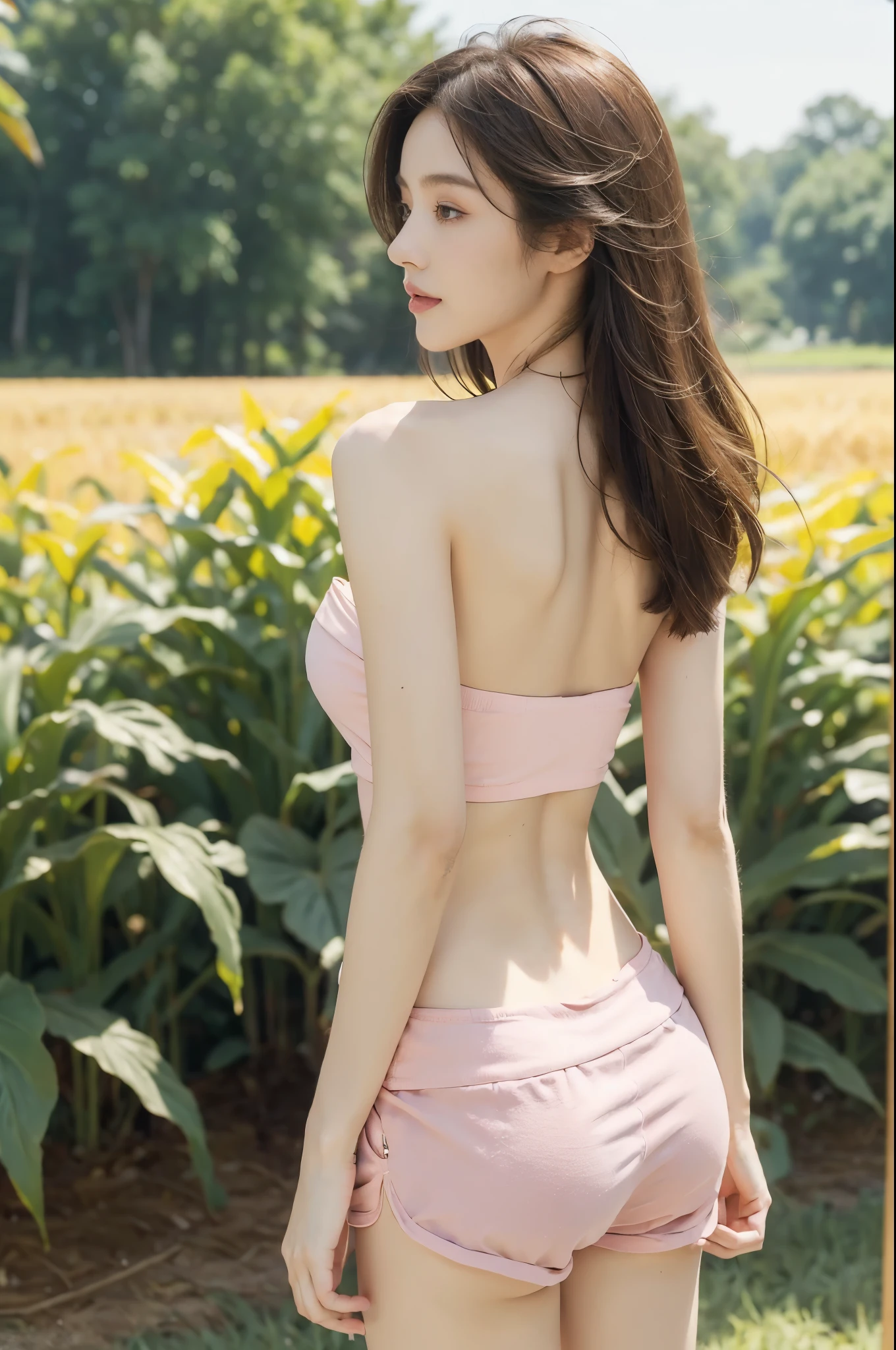 (((best quality))),(((ultra detailed))),(((masterpiece))),illustration,((1 beautiful girl,solo)),((slim,thin)),((bare back,towering hips,butt crack)),((summer afternoon)),(standing:1.3),(in cornfield:1.3), (strapless hotpink tank top:1.3),(pink shorts:1.2),delicate,(medium straight hair:1.2), radiant smile, vibrant atmosphere, elegance, grace,fresh and cool,towering stalks, densely packed, soothing melody, serene and peaceful, hustle and bustle,majesty, harmoniously, essence of summer, tranquility, relaxation, peacefulness of nature,((from back,upper body))