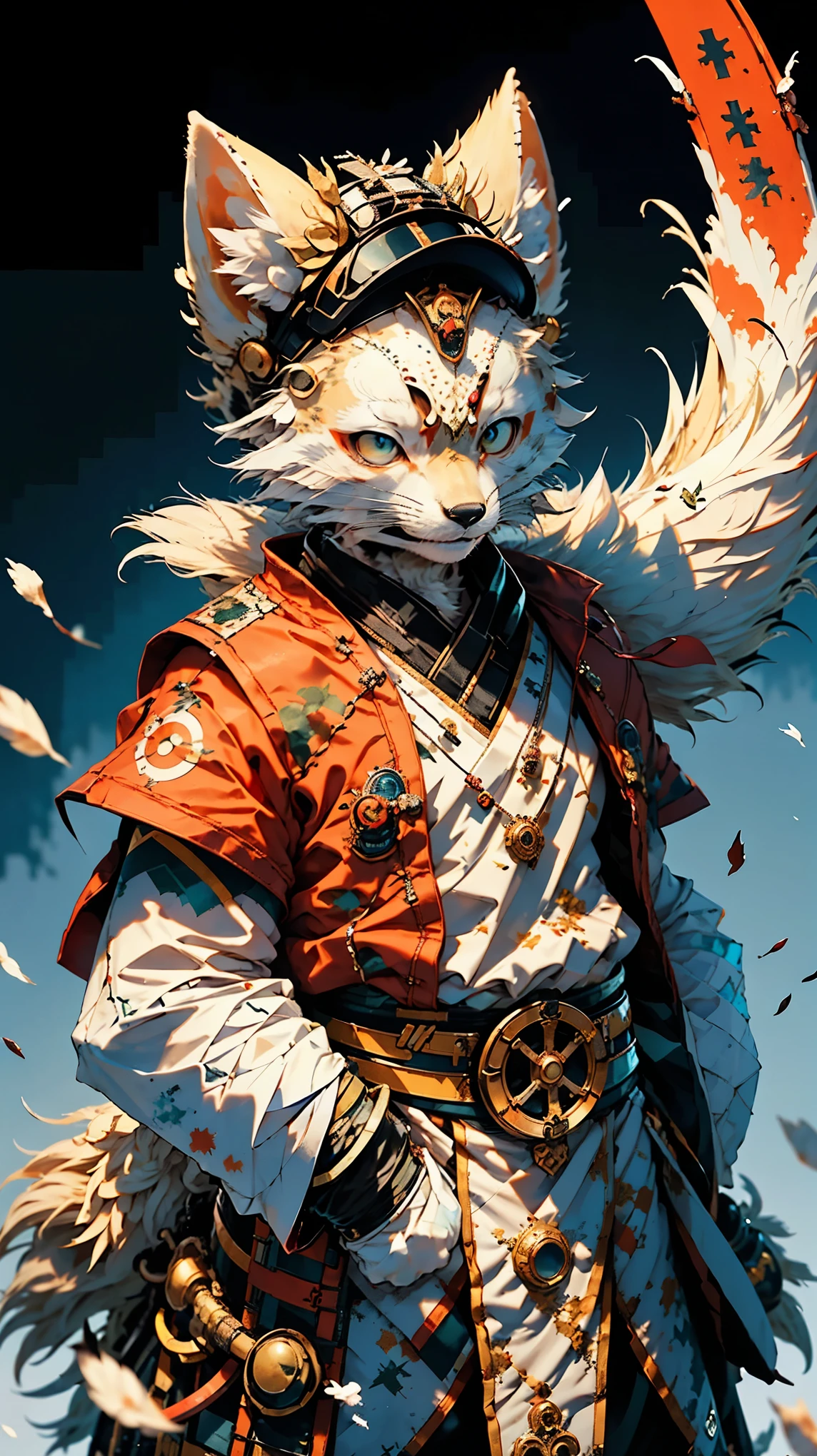 32k UHD resolution, arctic fox, warrior, 高度详细的warrior战斗盔甲和 sashimono 战旗, Blood splatter, Cherry blossoms fluttering in the wind, Post-apocalyptic feudal Japan setting