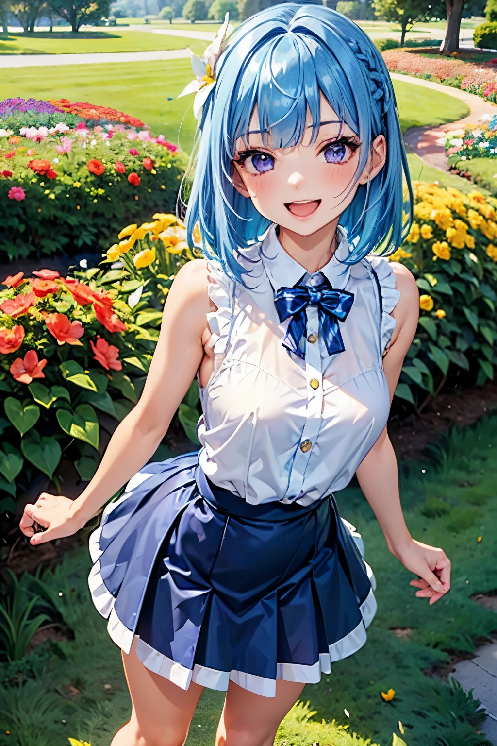 best quality, (masterpiece:1.3), absurdres, highres,16k, ultra high res, official art, illustration,extremely detailed, 1girl, solo, full body, 20yo, 
delicate lines tailed face, (medium hair:1.9), (side swept bangs:1.7), (beautiful (aquamarine blue) hair:1.2), (shiny hair:1.2), (beautiful (light-purple) eyes:1.2), (shiny eyes:1.2), (medium breasts), (gleaming skin:1.4),
(cowboy shot:1.5),
standing, laugh with open mouth,
(sleeveless shirt, frilled skirt), (lily hair ornament)
(flower garden)