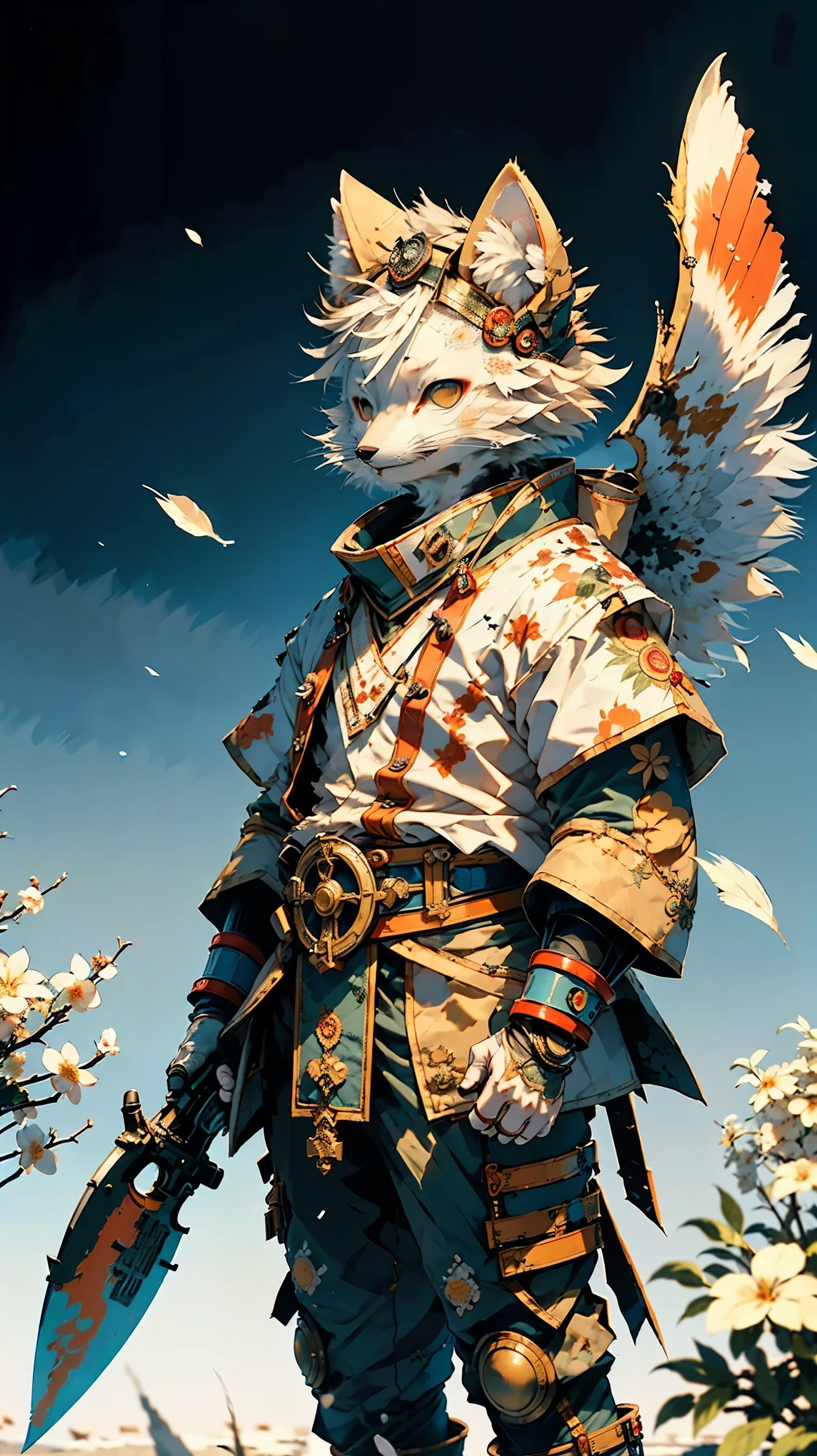 32k UHD resolution, arctic fox, warrior, 高度详细的warrior战斗盔甲和 sashimono 战旗, Blood splatter, Cherry blossoms fluttering in the wind, Post-apocalyptic feudal Japan setting