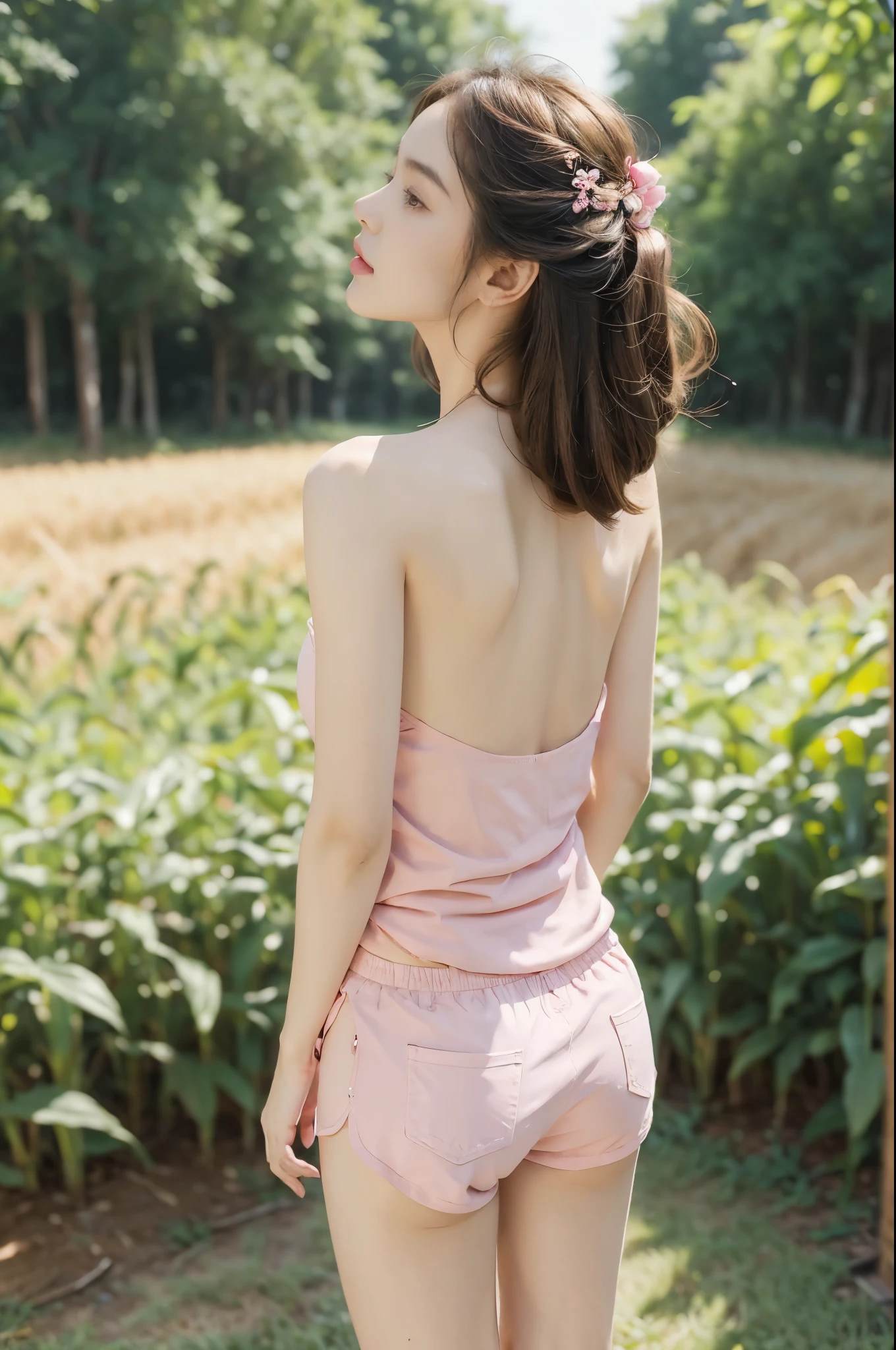 (((best quality))),(((ultra detailed))),(((masterpiece))),illustration,((1 beautiful girl,solo)),((slim,thin)),((bare back,towering hips,butt crack)),((summer afternoon)),(standing:1.3),(in cornfield:1.3), (strapless hotpink tank top:1.3),(pink shorts:1.2),delicate,(medium straight hair:1.2), radiant smile, vibrant atmosphere, elegance, grace,fresh and cool,towering stalks, densely packed, soothing melody, serene and peaceful, hustle and bustle,majesty, harmoniously, essence of summer, tranquility, relaxation, peacefulness of nature,((from back,upper body))