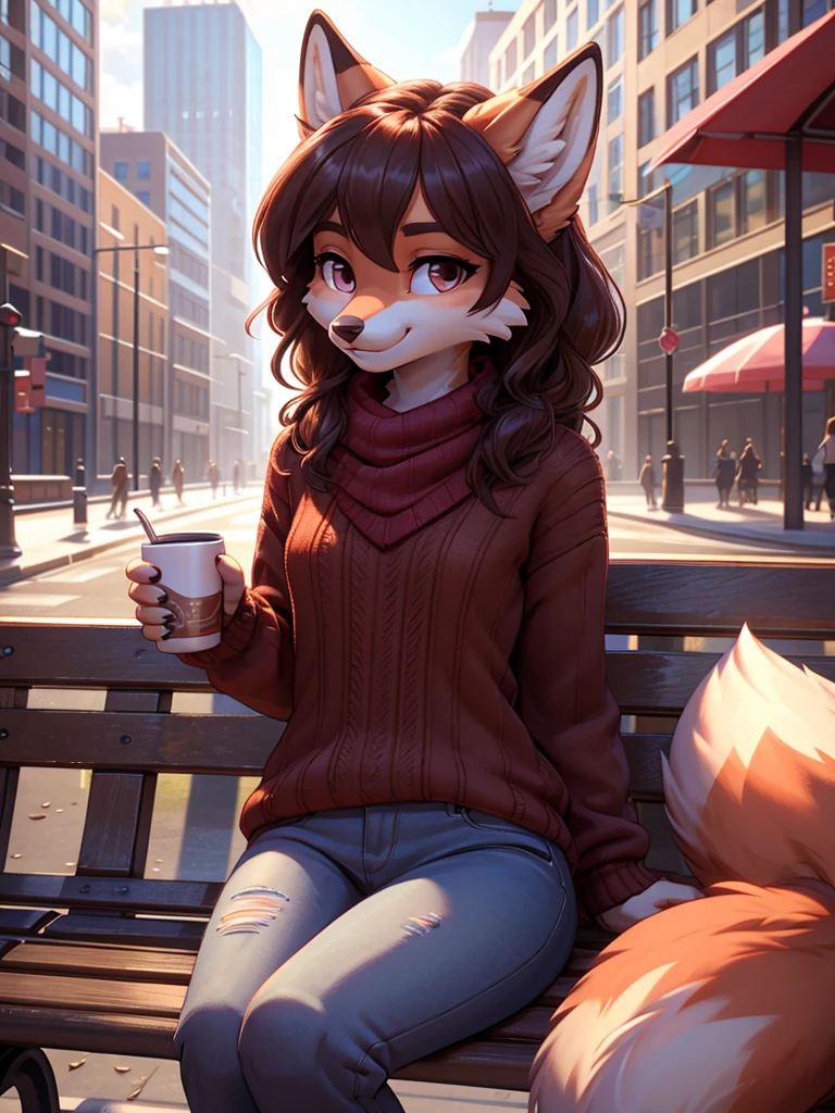 beautiful, (masterpiece), high quality, perfect lighting, Highly detailed CG Unity 8k wallpaper, High resolution, perfect lighting, youthful, adolescent, tall, slim, skinny, frail slender figure, slim legs, distinctly feminine figure, narrow hips, long legs, medium plump breasts, close-up shot, detailed face, A cute fox-girl sits on a park bench in a bustling city, sipping on a hot latte. Her red fur is soft and fluffy, with a hint of white on her muzzle and the tip of her tail. Her hair is a deep auburn, styled in loose curls that cascade down her back. Her eyes are a warm brown, and she wears a friendly smile on her face.
She is dressed in a cozy sweater and jeans, with a knitted scarf around her neck to keep out the chill.