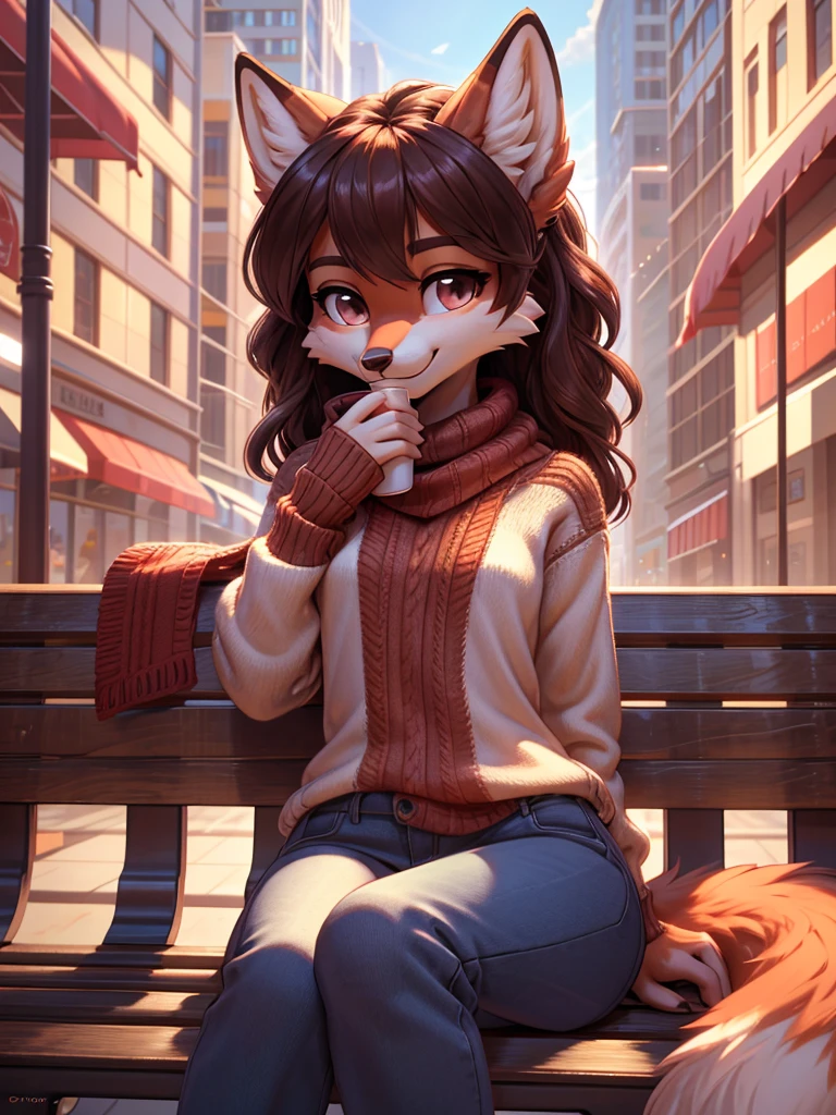 beautiful, (masterpiece), high quality, perfect lighting, Highly detailed CG Unity 8k wallpaper, High resolution, perfect lighting, youthful, adolescent, tall, slim, skinny, frail slender figure, slim legs, distinctly feminine figure, narrow hips, long legs, medium plump breasts, close-up shot, detailed face, A cute fox-girl sits on a park bench in a bustling city, sipping on a hot latte. Her red fur is soft and fluffy, with a hint of white on her muzzle and the tip of her tail. Her hair is a deep auburn, styled in loose curls that cascade down her back. Her eyes are a warm brown, and she wears a friendly smile on her face.
She is dressed in a cozy sweater and jeans, with a knitted scarf around her neck to keep out the chill.