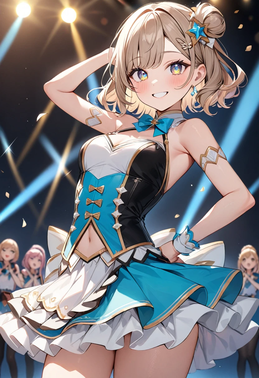 (masterpiece, top quality, very aesthetic, 4k、illustration), intricate detail, 1woman,、solo,contrapposto 、,(cowboy shot)、(pupils sparkling),Cute 、pose、happy smile、Random Hairstyle、Random Hair Color、,middle hair,sidelock ,Random Color eyes、idol clothes、small breasts、Slim 、