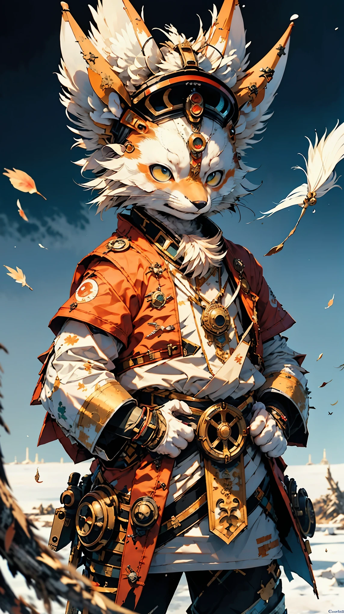 32k UHD resolution, arctic fox, warrior, 高度详细的warrior战斗盔甲和 sashimono 战旗, Blood splatter, Cherry blossoms fluttering in the wind, Post-apocalyptic feudal Japan setting