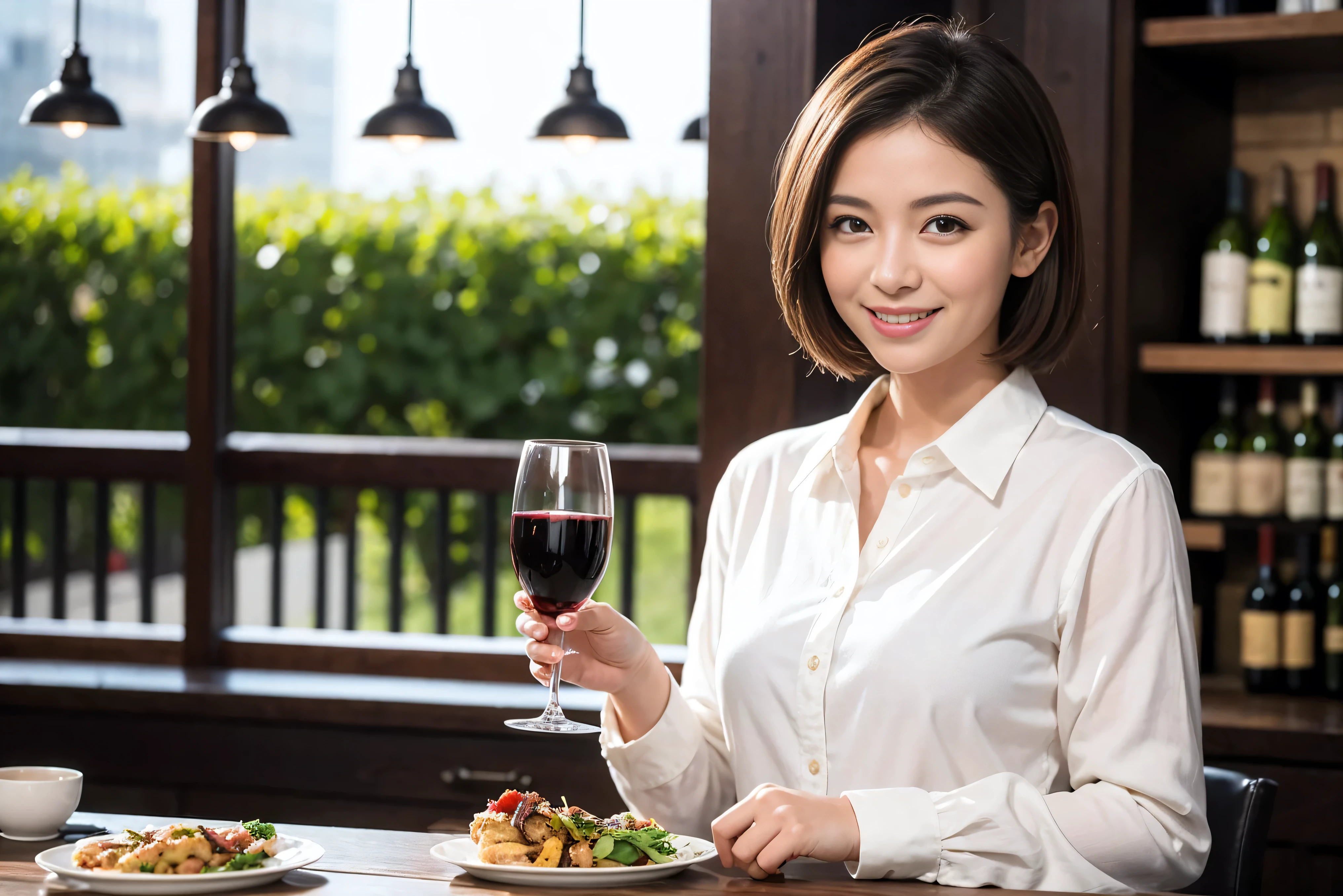 ((Highest quality、8k、masterpiece:1.3))、Slim couple、Model Couple、(Realistic, Intricate details:1.2), full-course dinner、Wine 、Amazing view of the sunset sky and clouds、A bright smile、The wonderfulness of smile、Bright image、Wineの美しさ, Beautiful Face, Blue eyes, The light shines on your face, blush, short hair,Bright Face、 (Age 37), 39 years old, 赤Wine 、Appetizers、Italian food、Wine bottle、Champagne、スパークリングWine、Two beauties、Brown Hair、Shortcuts、Long sleeve shirt、dress、Beautiful woman 1, (Slim face), (The body is slim), (Brown Hair), (Shortcuts), cheeks turn a little red,Attractive beauty、restaurant, In a prominent place (From the waist up) Nova Frog Style, actress, model, Upper Body, 白Wine, slim, Wineグラス, 中央に置かれたWineグラス, smile, (smile: 1.15), Beautiful fine grain, Depth f/2,saturation, High Contrast, Strong light and shadow,Moist Body:1.5、3D texture、Delicate eyes、Brown Hair、The hair is very shiny、