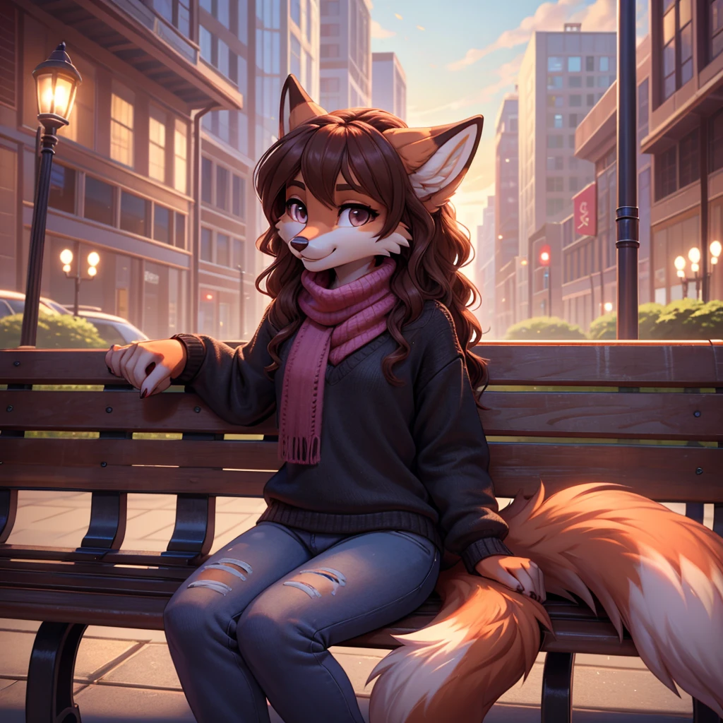 beautiful, (masterpiece), high quality, perfect lighting, Highly detailed CG Unity 8k wallpaper, High resolution, perfect lighting, youthful, adolescent, tall, slim, skinny, frail slender figure, slim legs, distinctly feminine figure, narrow hips, long legs, medium plump breasts, close-up shot, detailed face, A cute fox-girl sits on a park bench in a bustling city, sipping on a hot latte. Her red fur is soft and fluffy, with a hint of white on her muzzle and the tip of her tail. Her hair is a deep auburn, styled in loose curls that cascade down her back. Her eyes are a warm brown, and she wears a friendly smile on her face.
She is dressed in a cozy sweater and jeans, with a knitted scarf around her neck to keep out the chill.