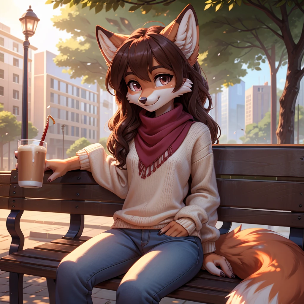 beautiful, (masterpiece), high quality, perfect lighting, Highly detailed CG Unity 8k wallpaper, High resolution, perfect lighting, youthful, adolescent, tall, slim, skinny, frail slender figure, slim legs, distinctly feminine figure, narrow hips, long legs, medium plump breasts, close-up shot, detailed face, A cute fox-girl sits on a park bench in a bustling city, sipping on a hot latte. Her red fur is soft and fluffy, with a hint of white on her muzzle and the tip of her tail. Her hair is a deep auburn, styled in loose curls that cascade down her back. Her eyes are a warm brown, and she wears a friendly smile on her face.
She is dressed in a cozy sweater and jeans, with a knitted scarf around her neck to keep out the chill.