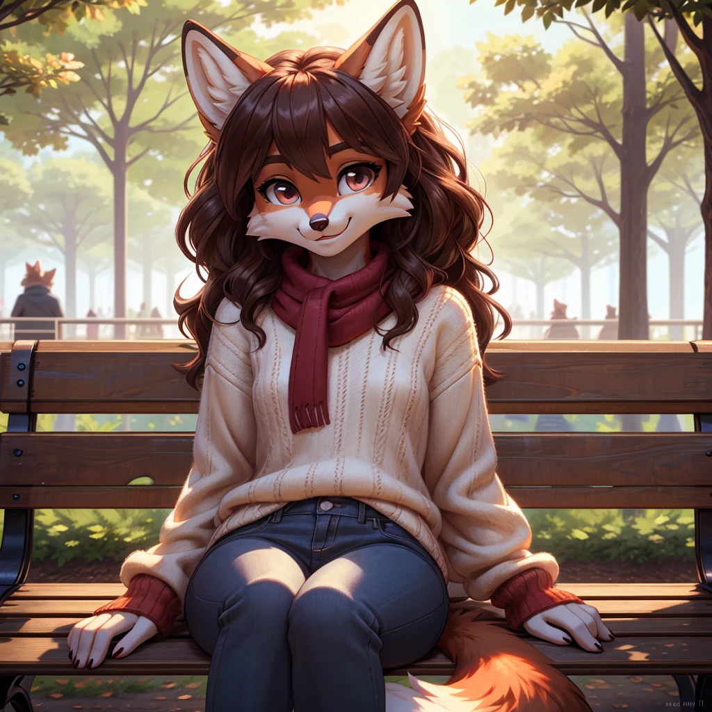 beautiful, (masterpiece), high quality, perfect lighting, Highly detailed CG Unity 8k wallpaper, High resolution, perfect lighting, youthful, adolescent, tall, slim, skinny, frail slender figure, slim legs, distinctly feminine figure, narrow hips, long legs, medium plump breasts, close-up shot, detailed face, A cute fox-girl sits on a park bench in a bustling city, sipping on a hot latte. Her red fur is soft and fluffy, with a hint of white on her muzzle and the tip of her tail. Her hair is a deep auburn, styled in loose curls that cascade down her back. Her eyes are a warm brown, and she wears a friendly smile on her face.
She is dressed in a cozy sweater and jeans, with a knitted scarf around her neck to keep out the chill.