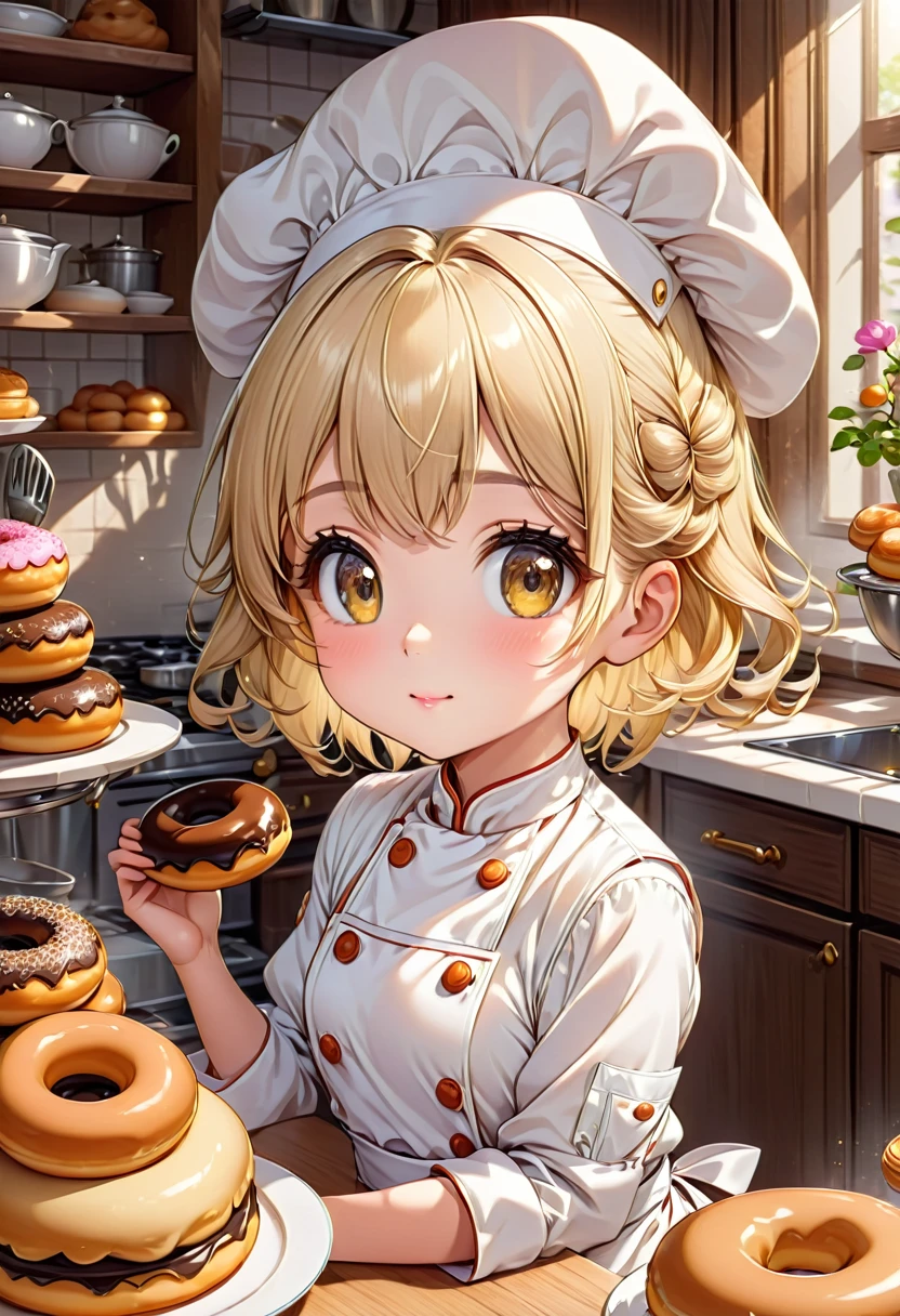 
            Cute and charming pastry chef little girl in front of kitchen with rich pastry utensils (extremely delicate and beautiful), Close-up of bright beige hair anime character wearing white chef uniform and gorgeous chef hat is about to try donuts cute and charming

                                       ( perfect anatomy )Complex patterns light and shadow soft highly detailed structures digital art, high detail, High quality animation style
