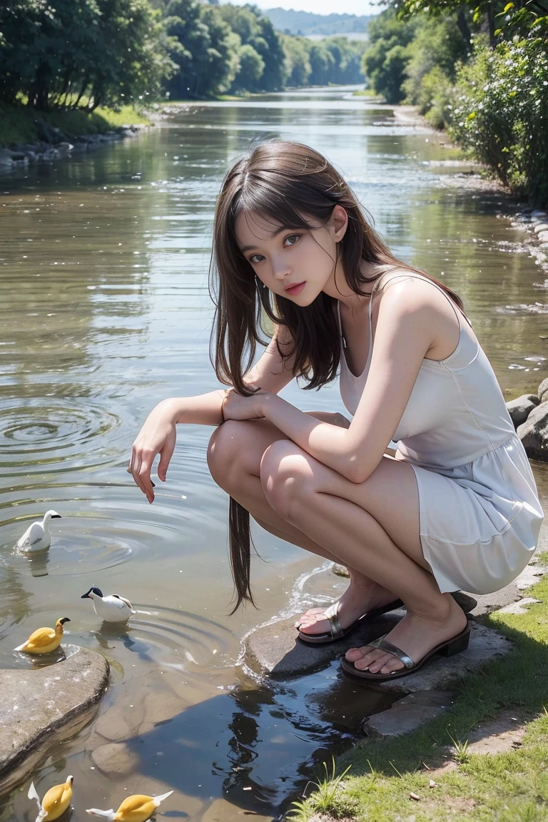 a Caucasian woman, blonde hair, 30 years old, wearing a white short dress, squatting as if making a tutorial about defecating, in a small river with very clear water you can see there are fish and ducks. background of village road, farmer and bicycle, urine, view from below. Ultra detailed, super detailed