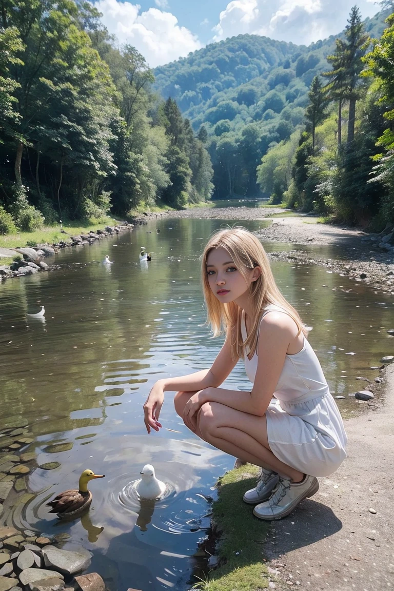 a Caucasian woman, blonde hair, 30 years old, wearing a white short dress, squatting as if making a tutorial about defecating, in a small river with very clear water you can see there are fish and ducks. background of village road, farmer and bicycle, urine, view from below. Ultra detailed, super detailed