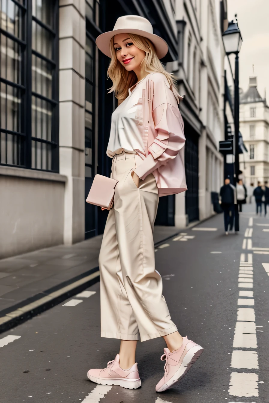 Reading a book、Have a big book、Pale pink oversized Y-shirt、I、Have a big book、Dynamic pose、blonde、Feeling like sitting、London cityscape、Theme from the side、Walking pose、Big smile、Young European beauties、Beige wide pants、White sneakers、White Hat、