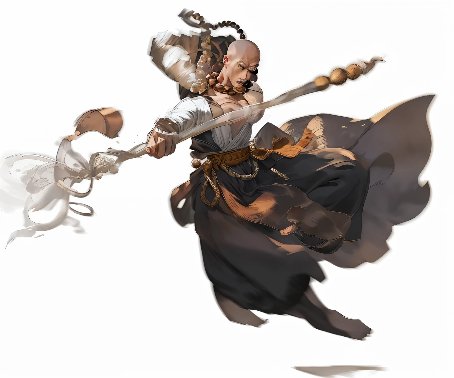 Monk,Baldhead,1 male,There are Buddha beads around the neck,Jumping action