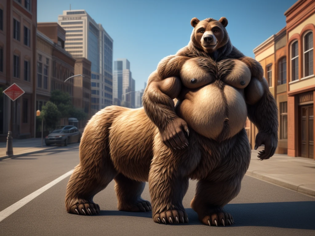 furry, fur taur, huge grizzly bear, beartaur, middle-age, solo,1man, detailed face, bear ears, bear eyes(green), bear nose(black), bear mouth, smile, garibaldi beard(grey), hair, mature hair(white), detailed arm, thick arm, forearm hair, muscular, thick hands(5 fingers), thick claws, detailed body belly, thick body, brown skin, muscle belly(white), thick chest, chest hair(grey), nipples, detailed taur body, thick taur body, waist hair, thick bear paws, bear paws hair, thick bear claws, detailed bear tail, thick bear tail, full body shot, walk on the street