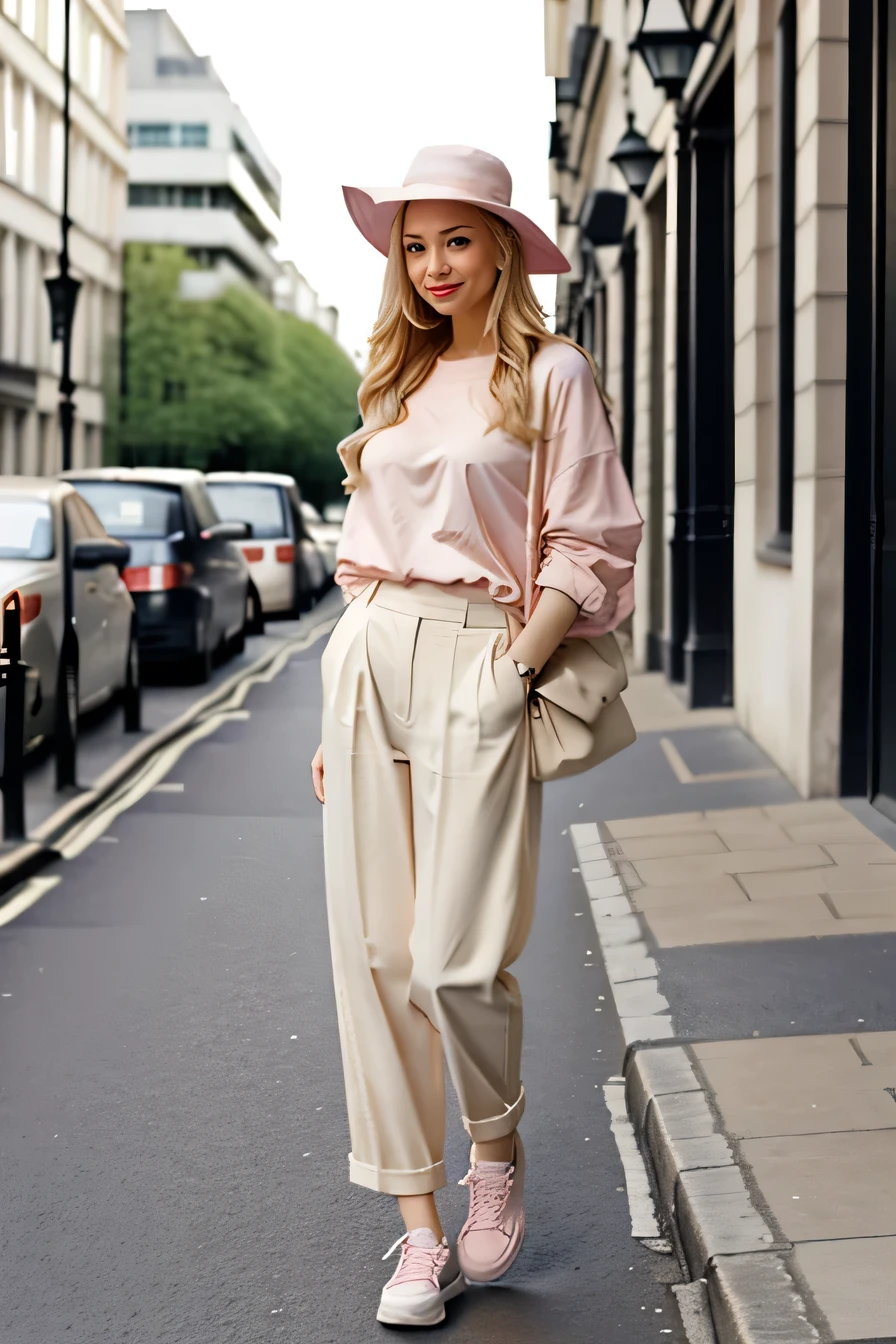 Reading a book、Have a big book、Pale pink oversized Y-shirt、I、Have a big book、Dynamic pose、blonde、Feeling like sitting、London cityscape、Theme from the side、Walking pose、Big smile、Young European beauties、Beige wide pants、White sneakers、White Hat、
