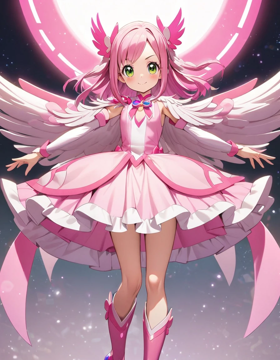 cure pink(tall-height, pure pink hair, wing hair accessory, feather motif shoulder opening, forearms sleeves, pink dress-skirt, pink boots)