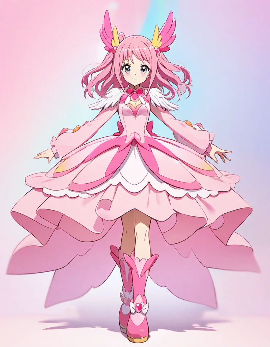 cure pink(tall, pure pink hair, wing hair accessory, feather motif shoulder opening, forearms sleeves, pink dress-skirt, pink boots)